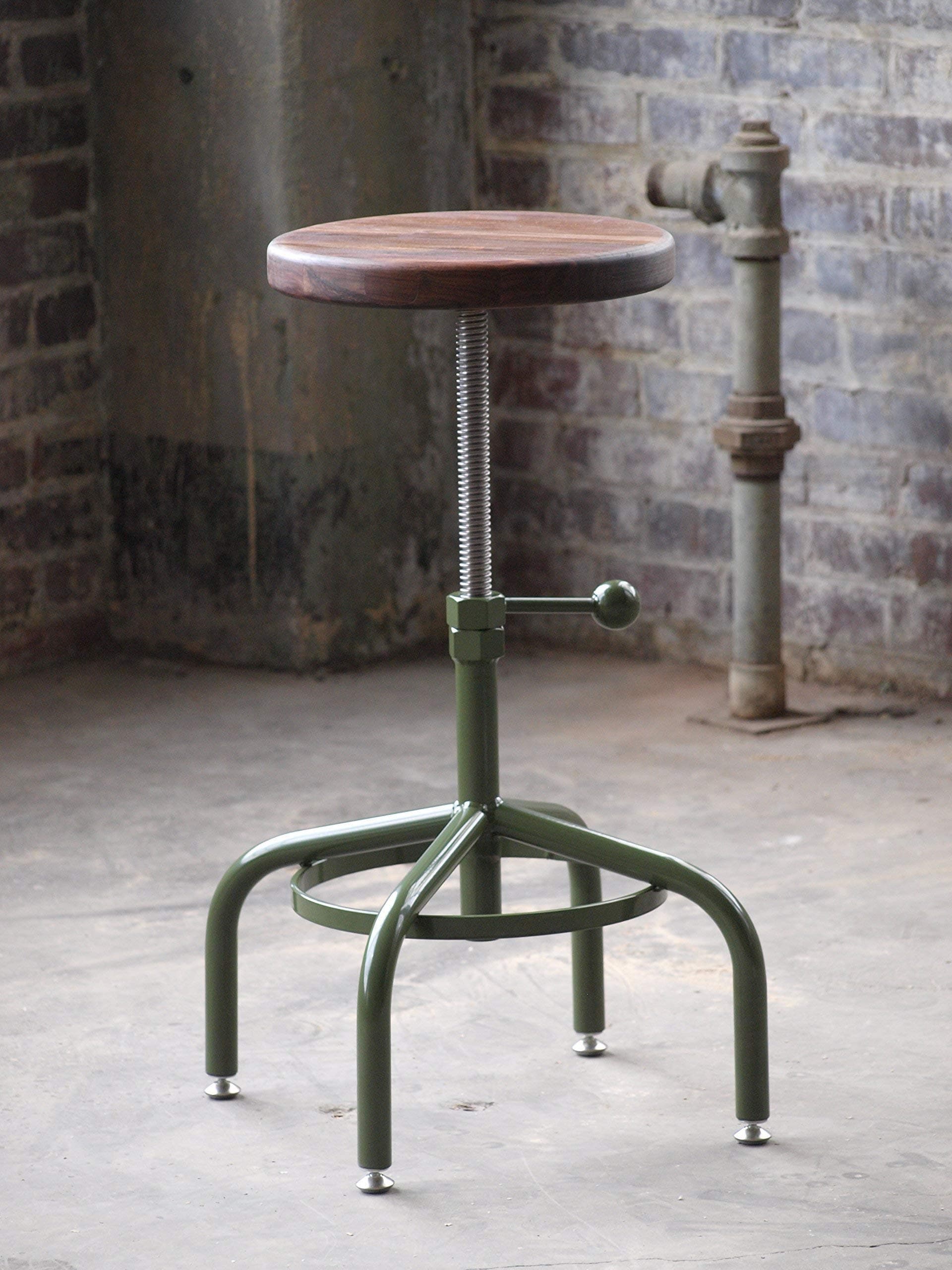 Factory Green Industrial Stool Walnut Adjustable Drill Press Stool