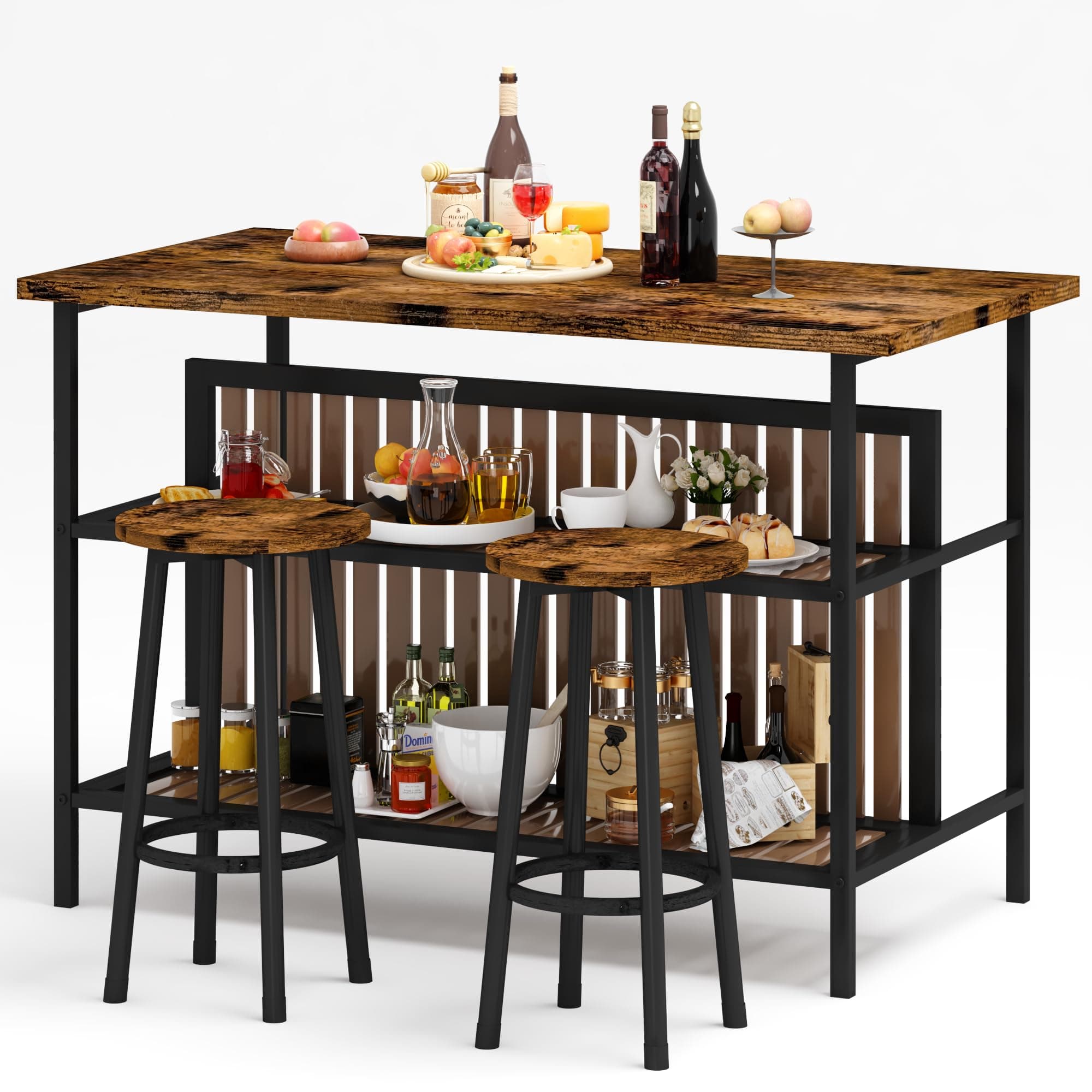 DKLGG Kitchen Island with Seating & Storage, Farmhouse Dining Table Set for 2, Space-Saving 3 Piece Dining Set Table & Chairs Island Table for Kitchen, Apartment, Dining Room, Rustic Brown