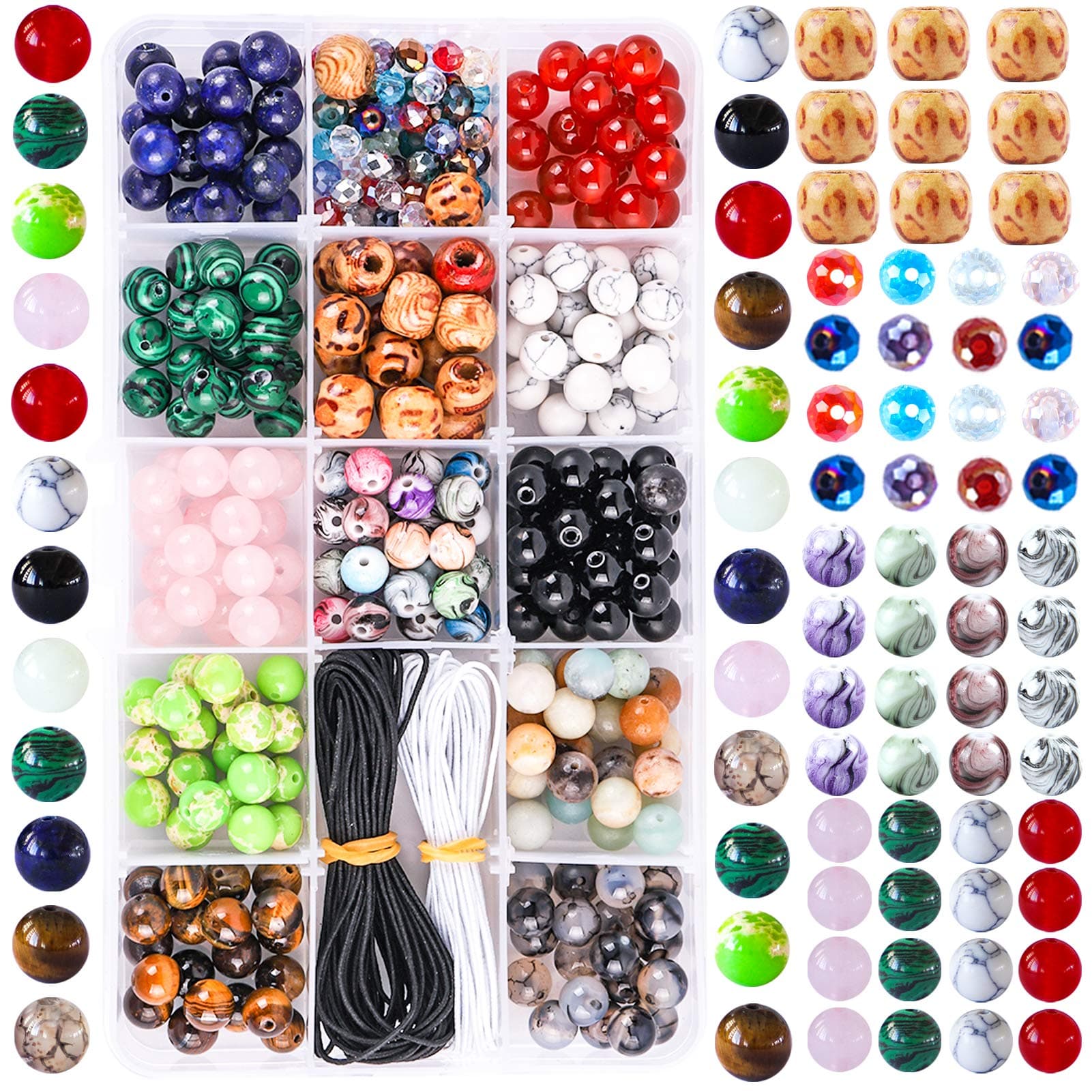 Fishdown Mixed Stone Beads Kit - 290 Pcs Crystal, Chakra Healing, Wooden & Gemstone Beads for Jewelry Making DIY Kit