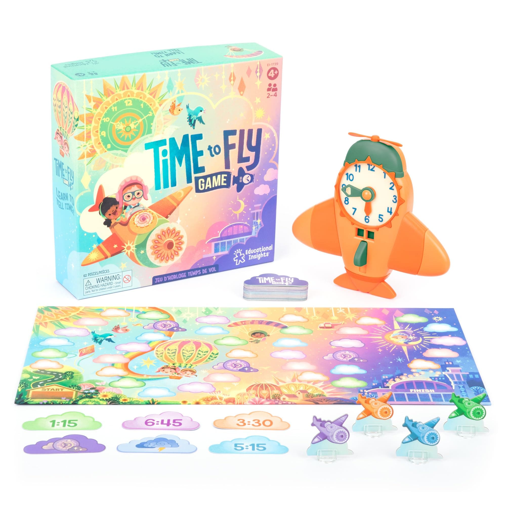 Educational Insights Learning Resources Flying Toys 4 Year Old, Time Telling Game with Clock for 2 to 4 Players, 62 Pieces, Multicoloured, EI-1739
