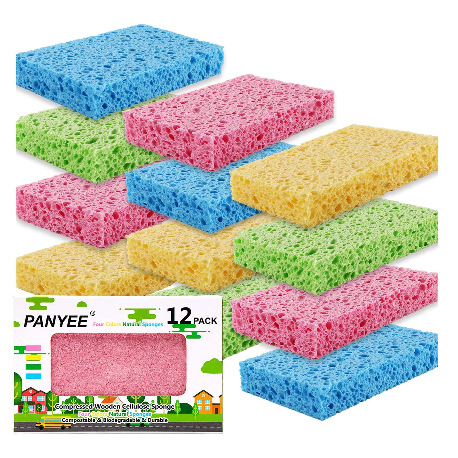 - Compressed Cellulose Kitchen Sponges 12Pack,Non-Scratch Biodegradable Natural Colorful Sponge Scrub for Dishes Cleaning,Funny DIY Sponge for Kids