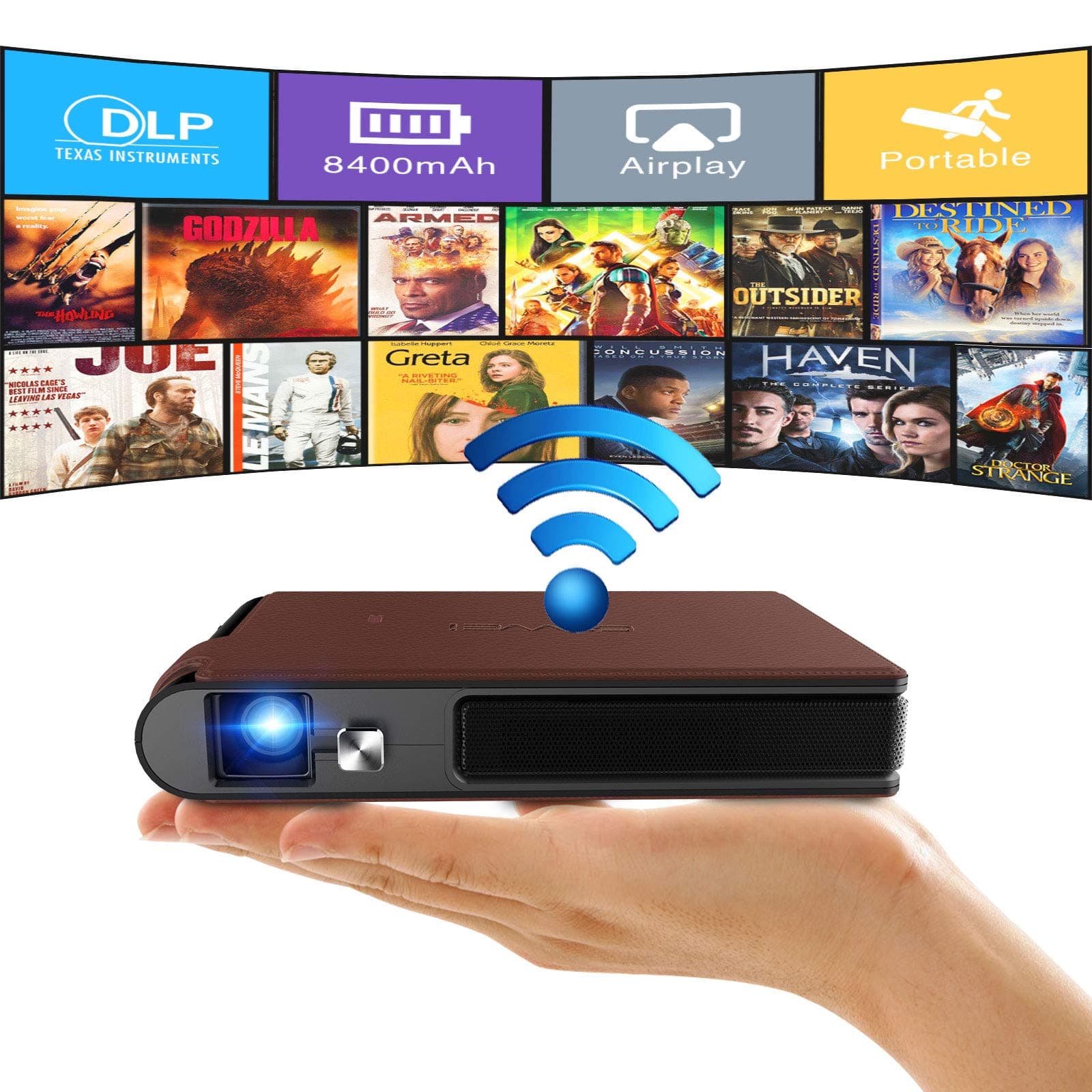 WIKISH Mini DLP Projector 8400mAh Battery,Portable Wifi Projector Support 1080P 3D Video Screen Mirroring Hdmi Usb 150" Display for Ps4 Dvd Tv Laptop