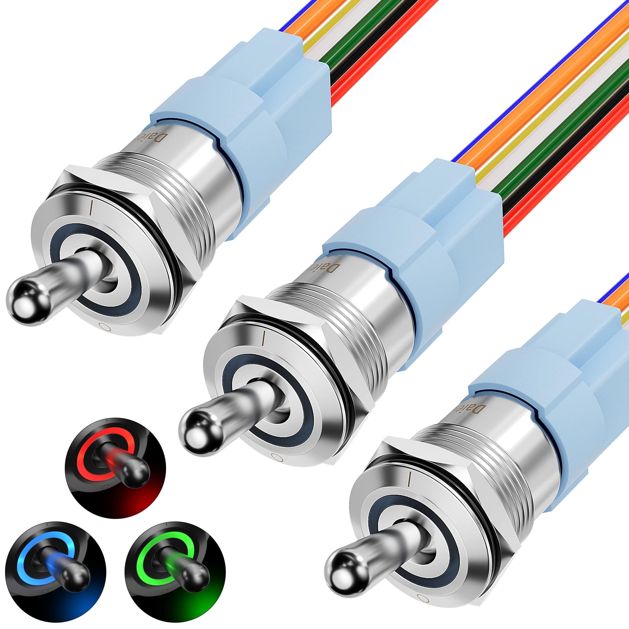 DAIERTEK12V Waterproof Toggle Switch IP67, 16mm Pre-Wired, RGB (Red, Green, Blue) LED, 20A 12VDC, ON-OFF, Panel Mount, 3Pack