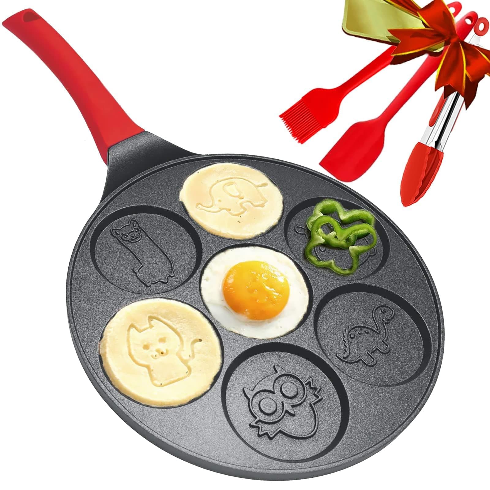 Non-Stick Pancake Pan Griddle 10 Inch Mini Crepe Maker 7-Mold Pancakes with Silicon Handle