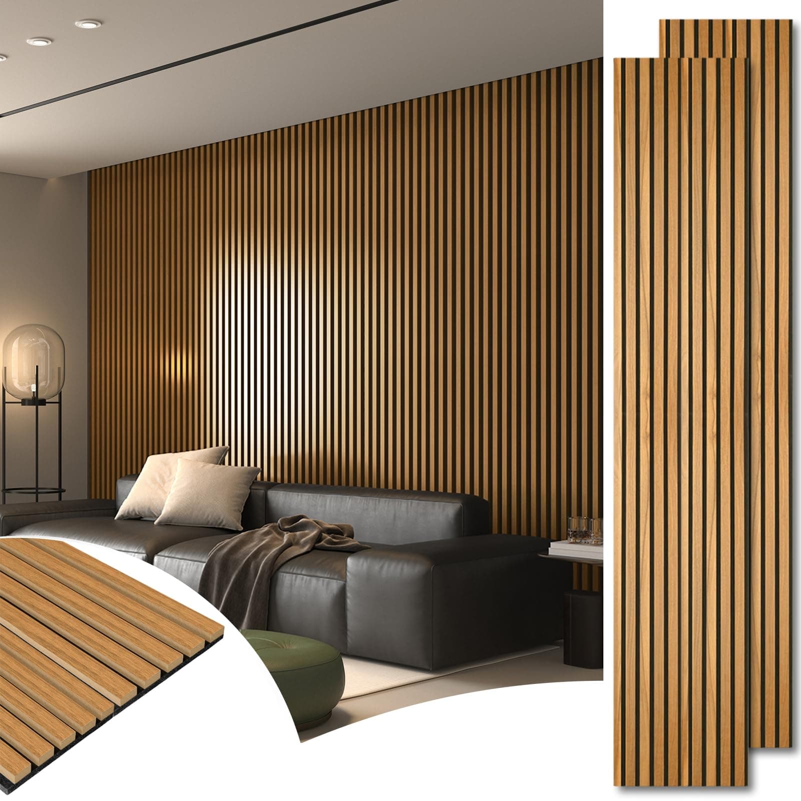 2pcs-104 x 15.75in Slat Acoustic Panel for Wall and Ceiling, 3D Fluted Sound Absorbing Panel with Wood Finish, Teak