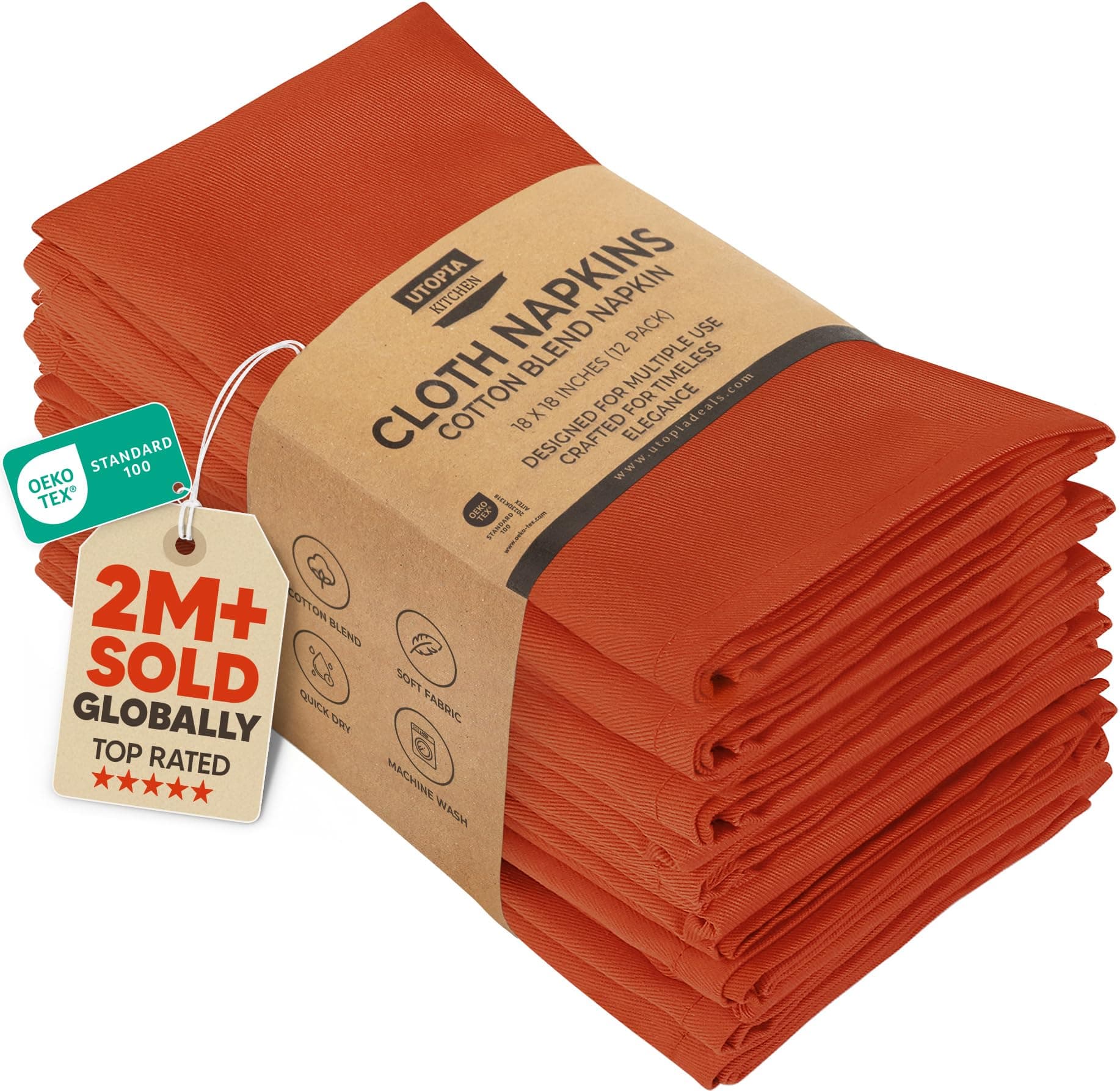 Utopia 12 Premium Cloth Napkins, 60% Cotton 40% Polyester, Soft and Durable, Expertly Tailored Edges, Generous Size (18" x 18"), Ideal for Events or Regular Home Use (Orange)