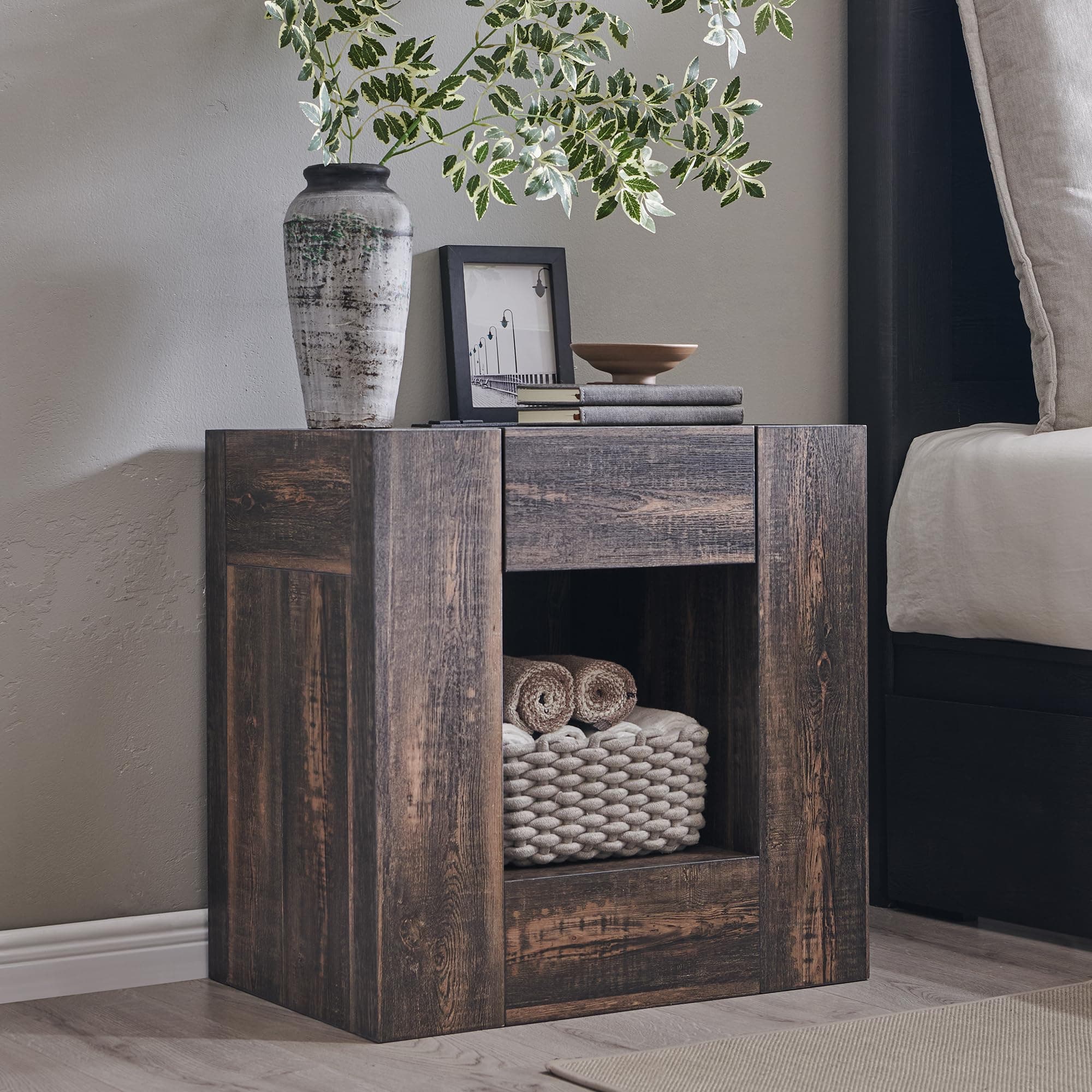 OKD Modern Nightstand with Charging Station, 24" Large Bedside Table, Rustic End Table with Drawers & Open Shelf for Bedroom/Living Room, Night Stand Wood Thick Design,Dark Rustic Oak