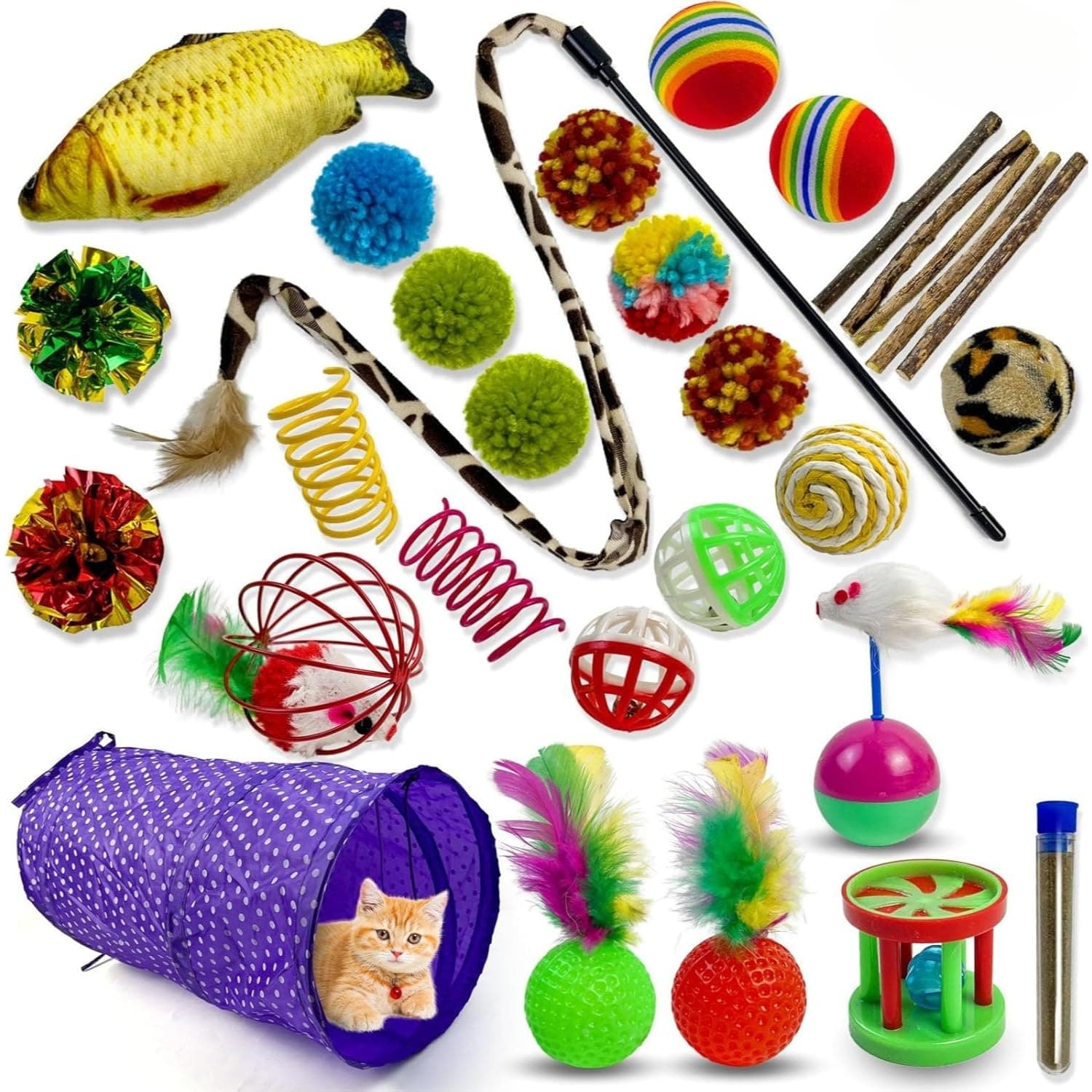SKY-TOUCH 30pcs Cat Toys,Cat Interactive Toy Accessories,Interactive Cat Accessories for Indoor Cats,Cat Tunnel,Variety Teaser Wand with Feathers,The Best Gifts for Cat Lovers