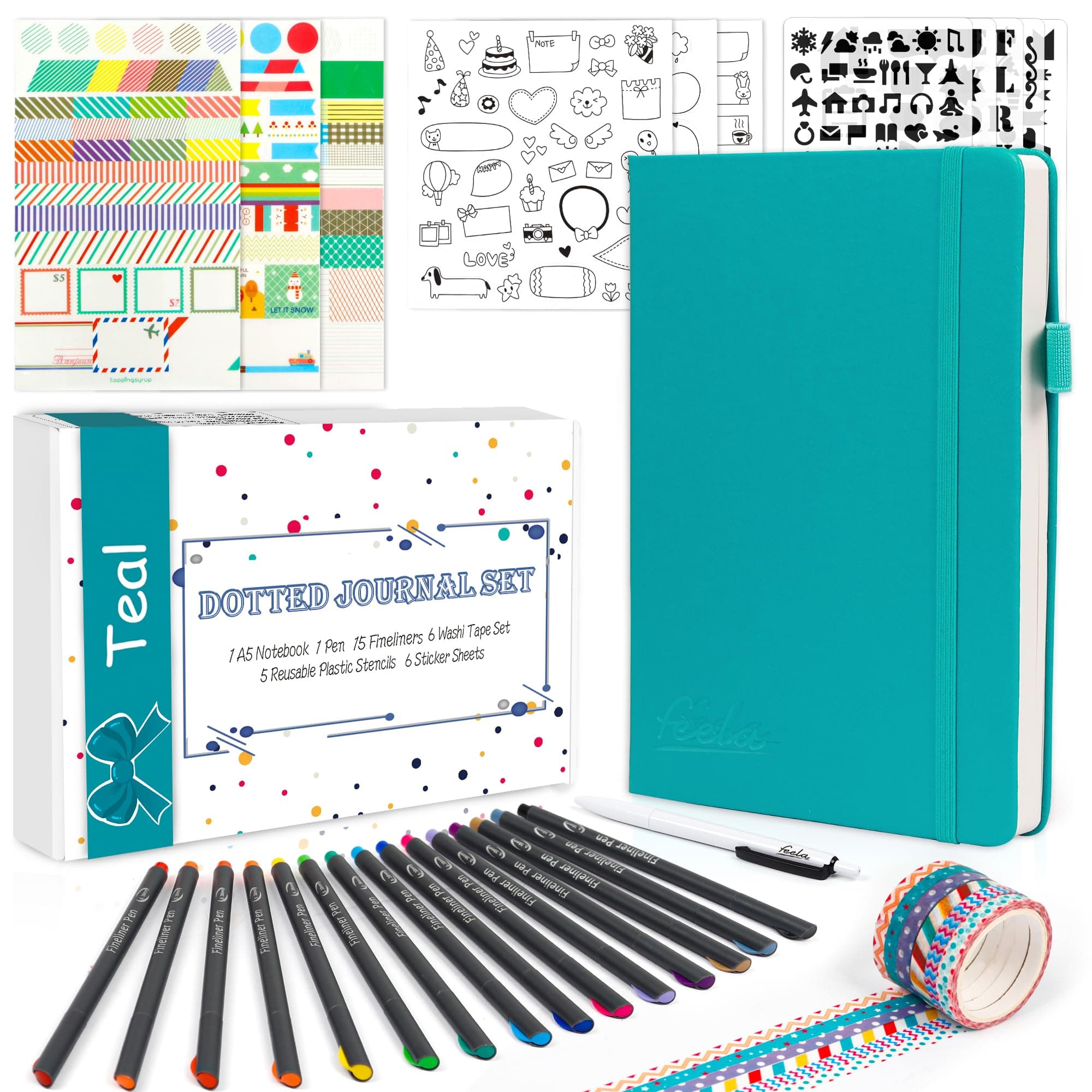 feela Bullet Journal Kit, A5 Dotted Notebook Set with 15 Coloured Fineliners, 5 Stencils, 6 Stickers, 6 Washi Tapes & Black Pen for Beginners & Adults, Journaling Supplies for Plan & Diary, Teal