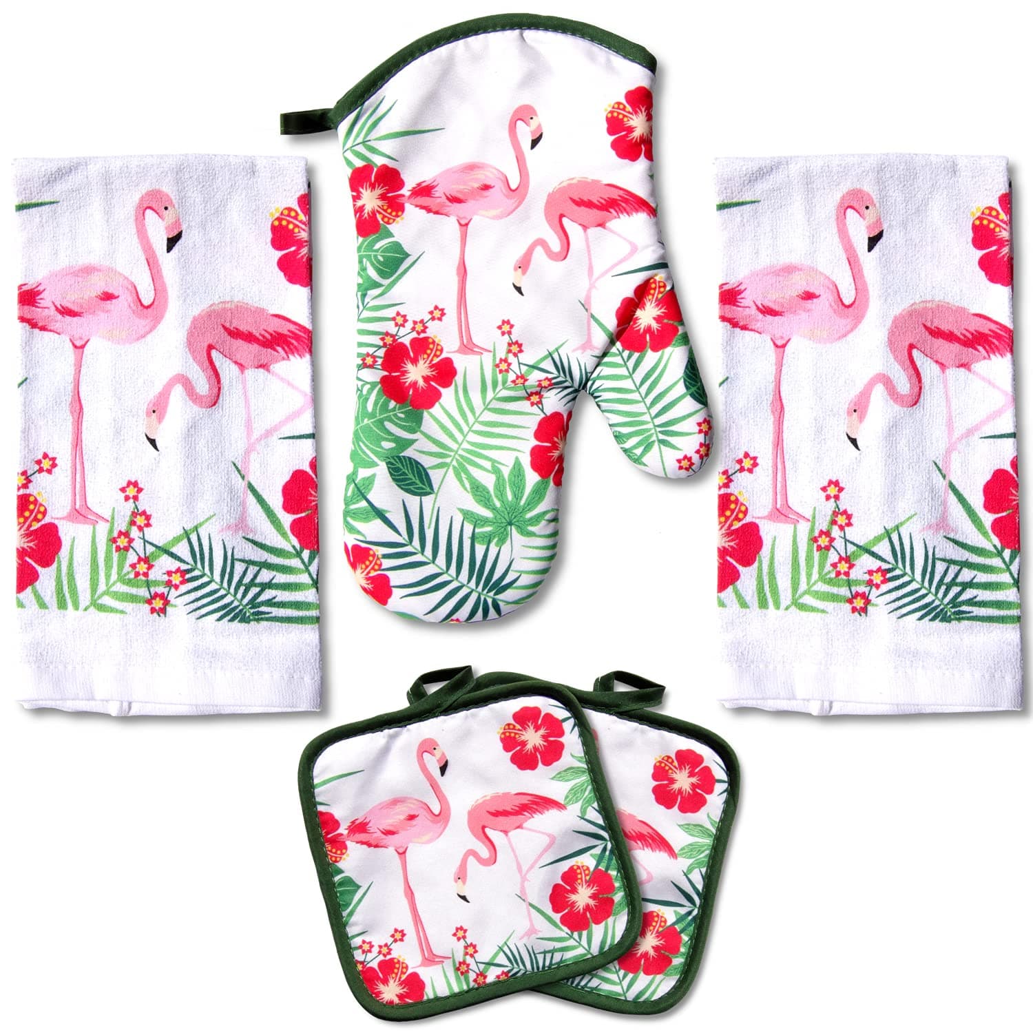 Lobyn Value Packs - 5 Piece Tropical Kitchen Towel Set: Features Flock of Pink Flamingos, 2 Decorative Dish Towels, 1 Oven Mitt, and 2 Potholders