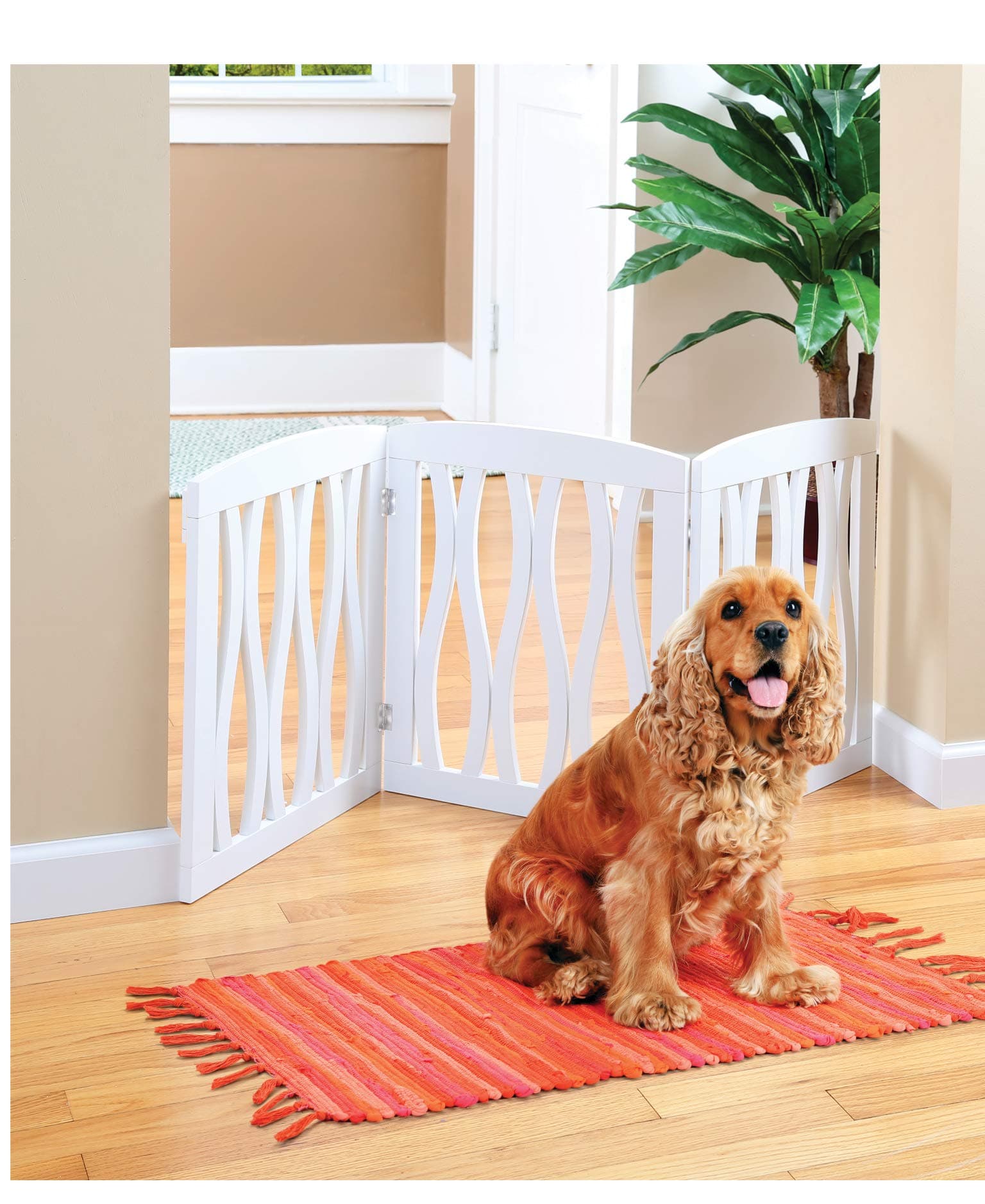 3 Panel White Wooden Waves Design Pet Gate - Freestanding Tri Fold Durable Wooden Dog Fence - Indoor/Outdoor Barrier for Stairs & Doorways
