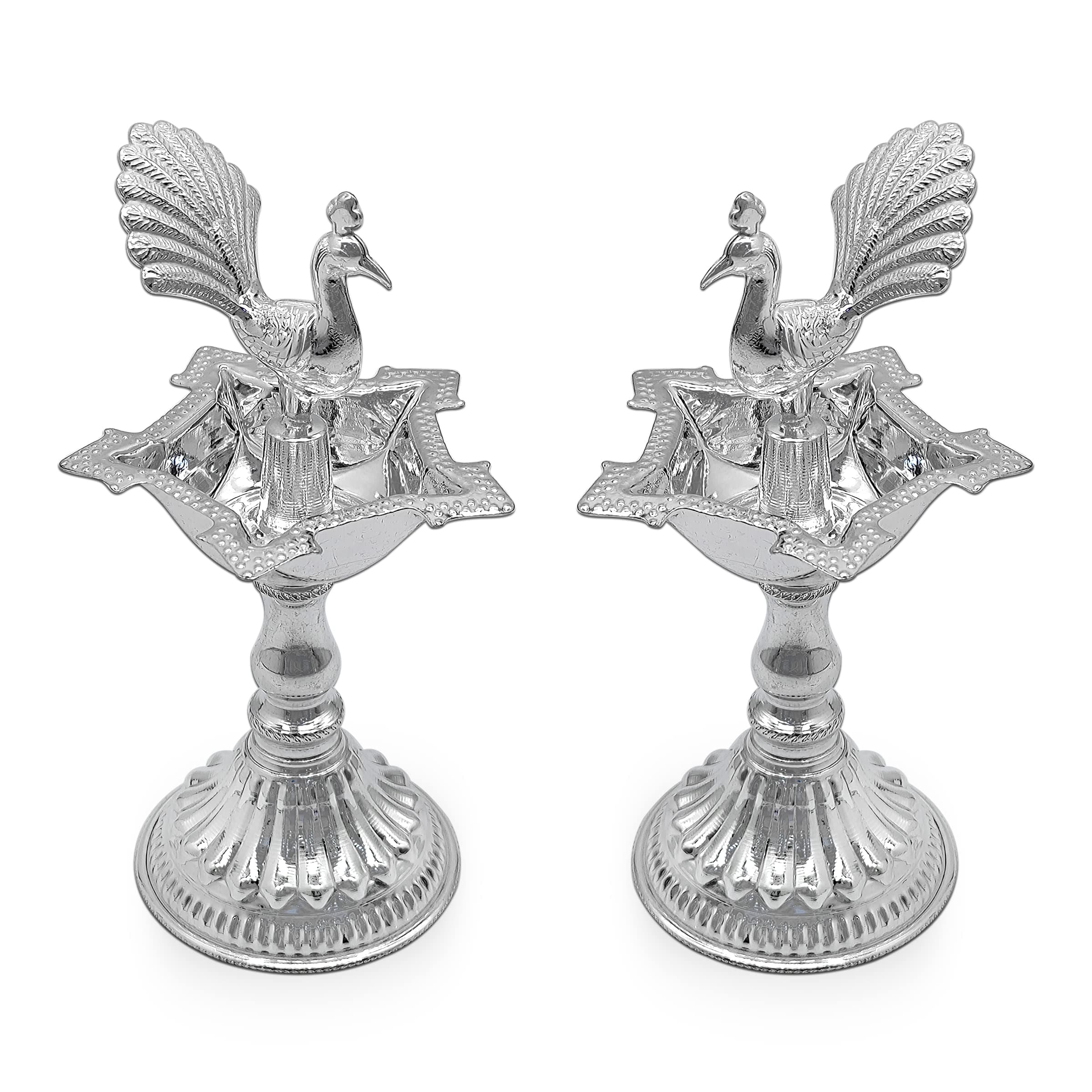 MAA SILVER Set of 2 Diya/Lamp/Deepak/Deep with a Silver Peacock Idol in Middle 120grams Perfect for Gift and Pooja Purpose