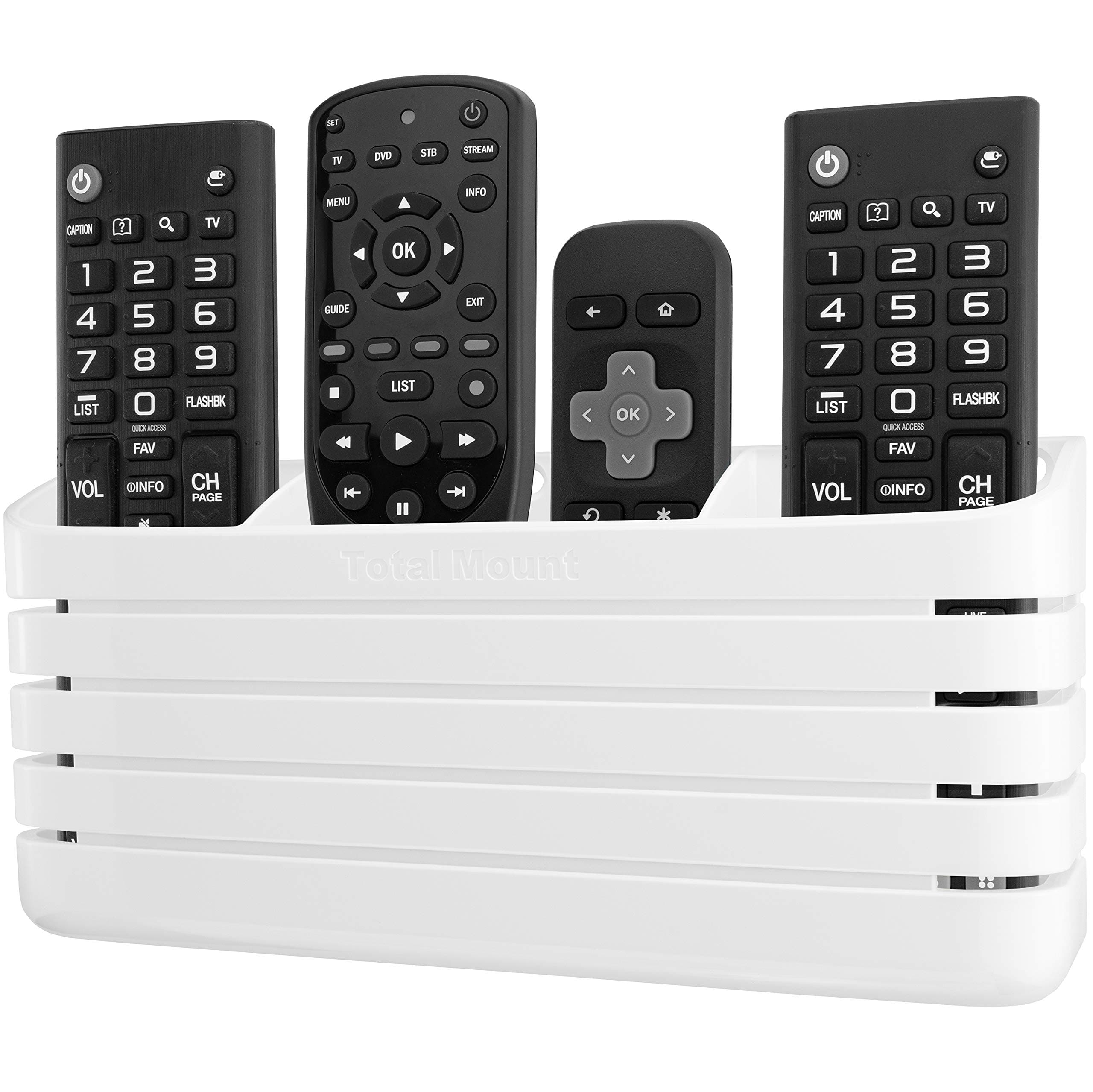 TotalMount Hole-Free Remote Holder – Eliminates The Need to Drill Holes in Your Wall (Premium White – Modern Design for 3 or 4 Remote Controls)