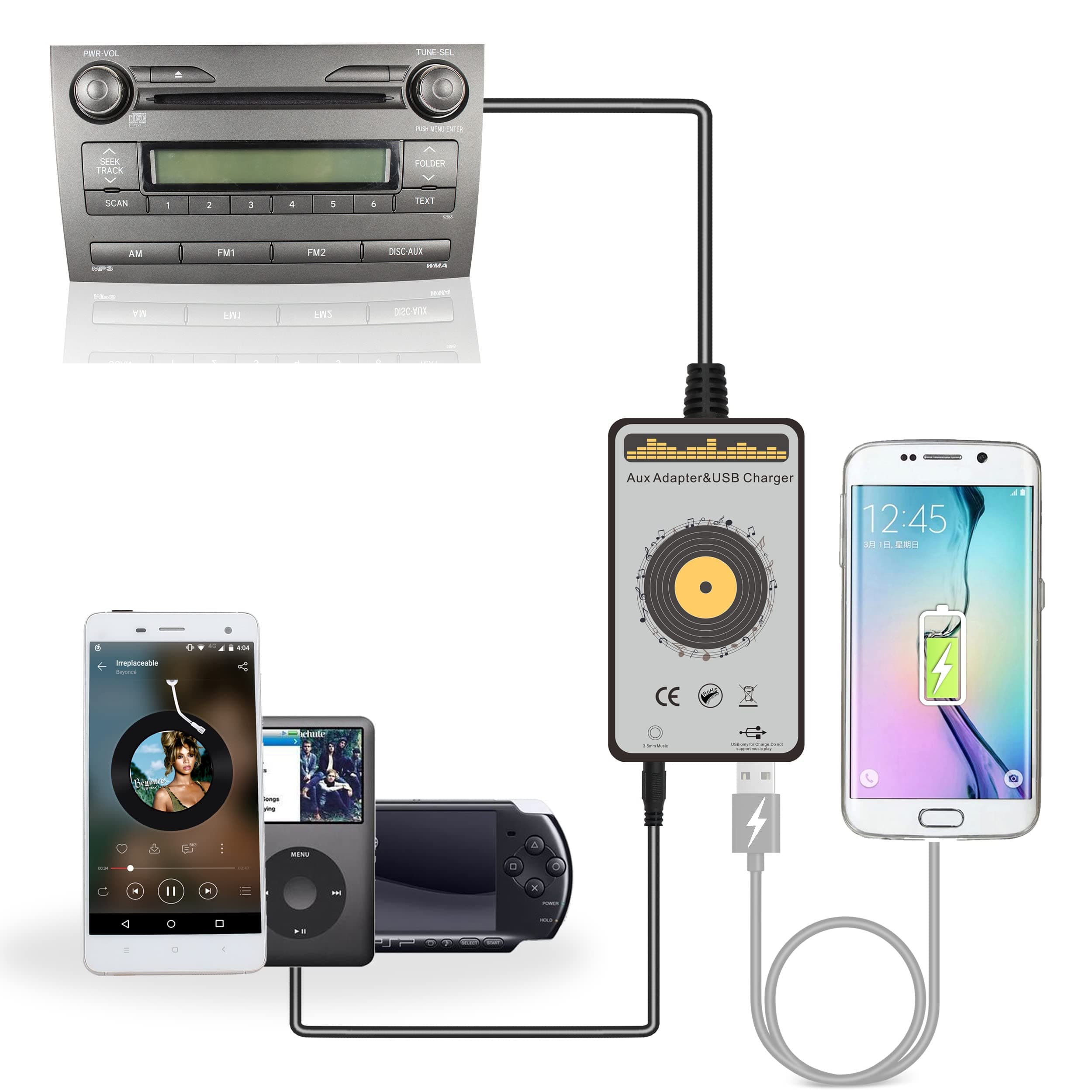 Car Audio AUX Input & USB Charging Interface 3.5mm Auxiliary Adapter (2nd Gen) for Toyota Camry 2006-2011, RAV4 2003-2011, Avensis 2003-2011, Corolla 2005-2011, Tacoma 2004-2008