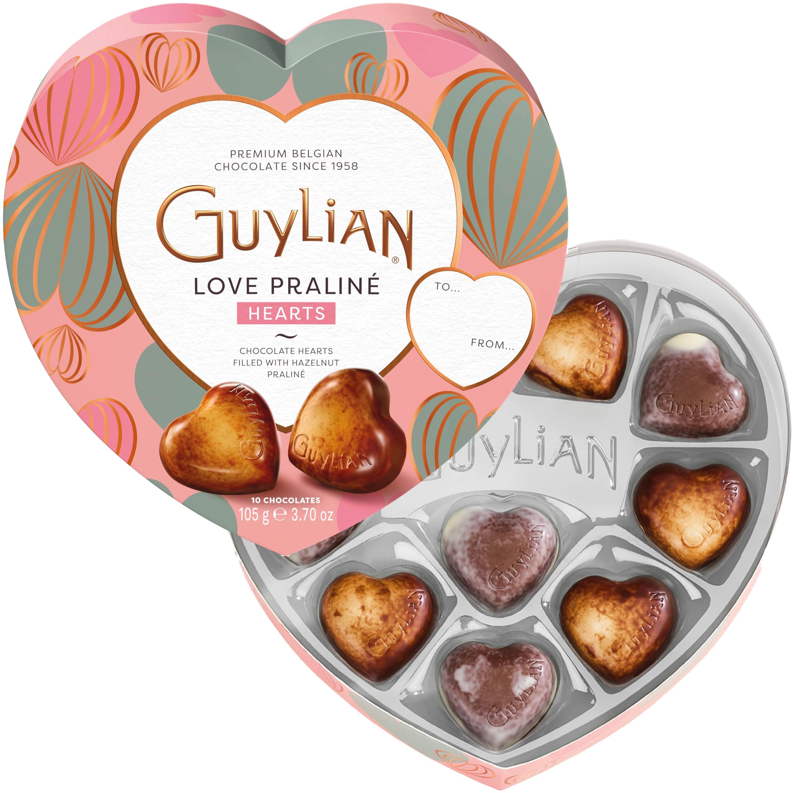 GuyLian Easter Chocolate Candy Hearts Gift Box, 3.7 oz, 10 pc Assorted Praliné Candies, Belgian White, Milk & Dark Chocolate, Easter Gifts for Couples