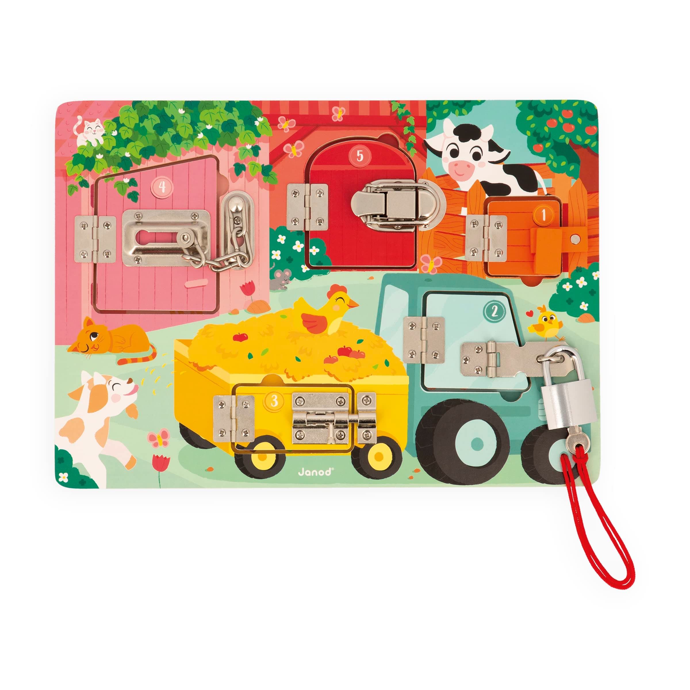 The Farm Lock board - Activity Board - 5 Types of Fasteners - FSC Wooden Toy - 3 Years +, J07119