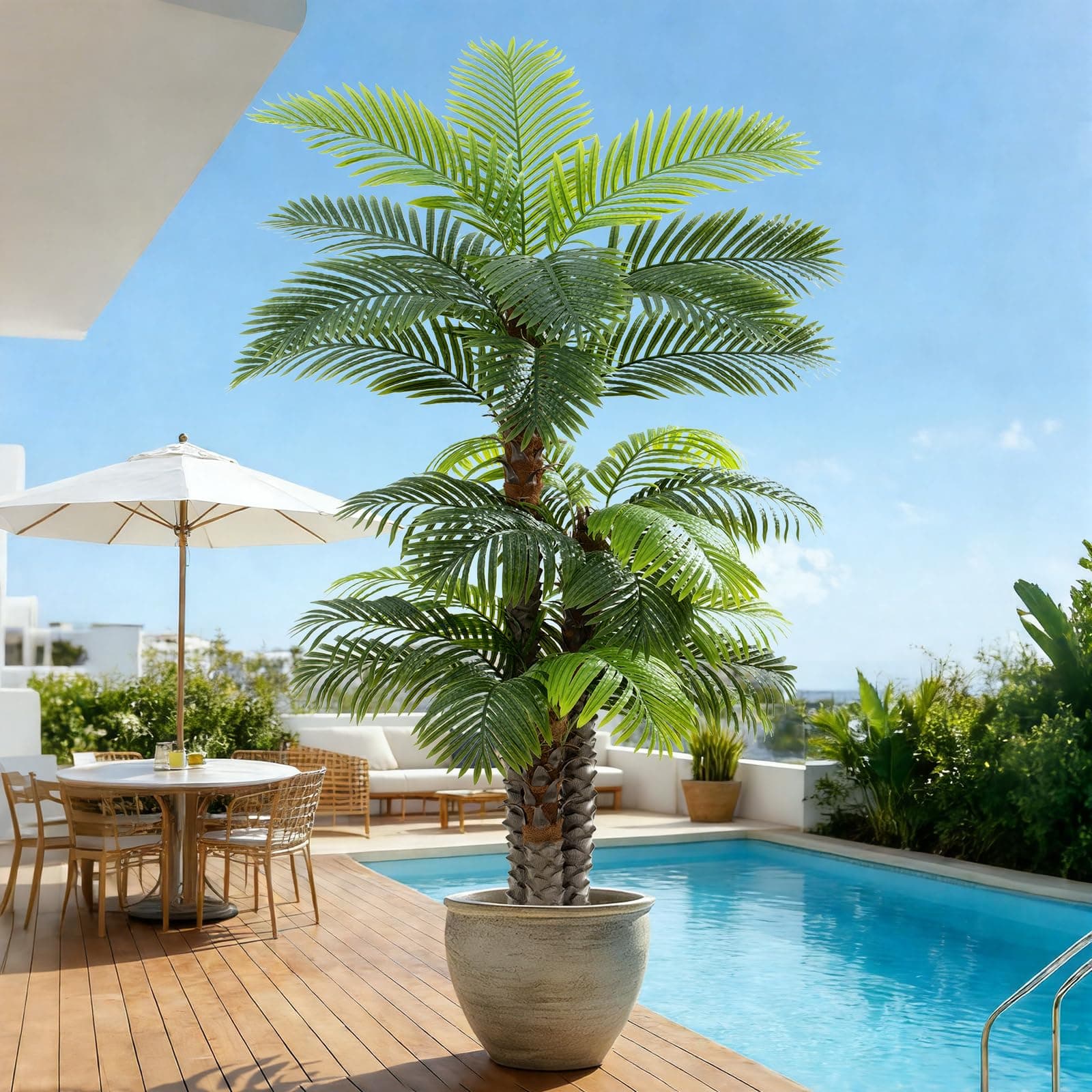 8.5ft Tall Artificial Palm Tree for Outdoors - Triple Phoenix Palm, UV Resistant, Large Fake Silk Palm Tree - Perfect for Patio, Poolside, Home Indoor Aesthetic Decor