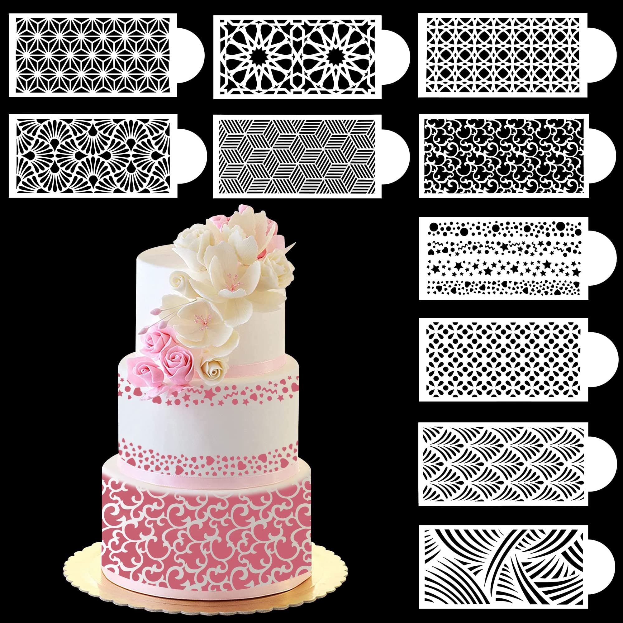 10Pcs Cake Decorating Stencils 3D Cake Side Stencil Hollow Lace Decoration Molds Floral Cake Template Pattern Design Baking Stencils Sculpting Modeling Baking Mold Kit for Cake Deocration Sugarcraft