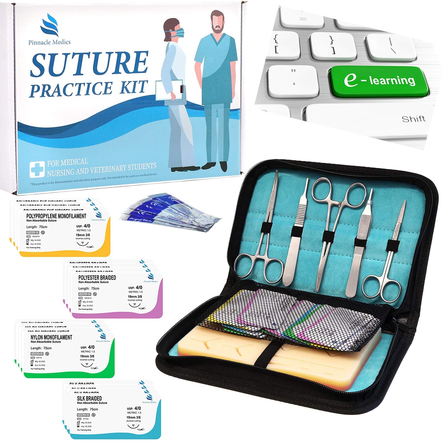 Suture Kit | Suture Practice Kit for Medical Students | Suture Pad and Tool Kit | 24 Mixed Sutures Thread with Needle | Medical, Nursing, and Vet Student Suture Training | Step by Step Video Tutorial