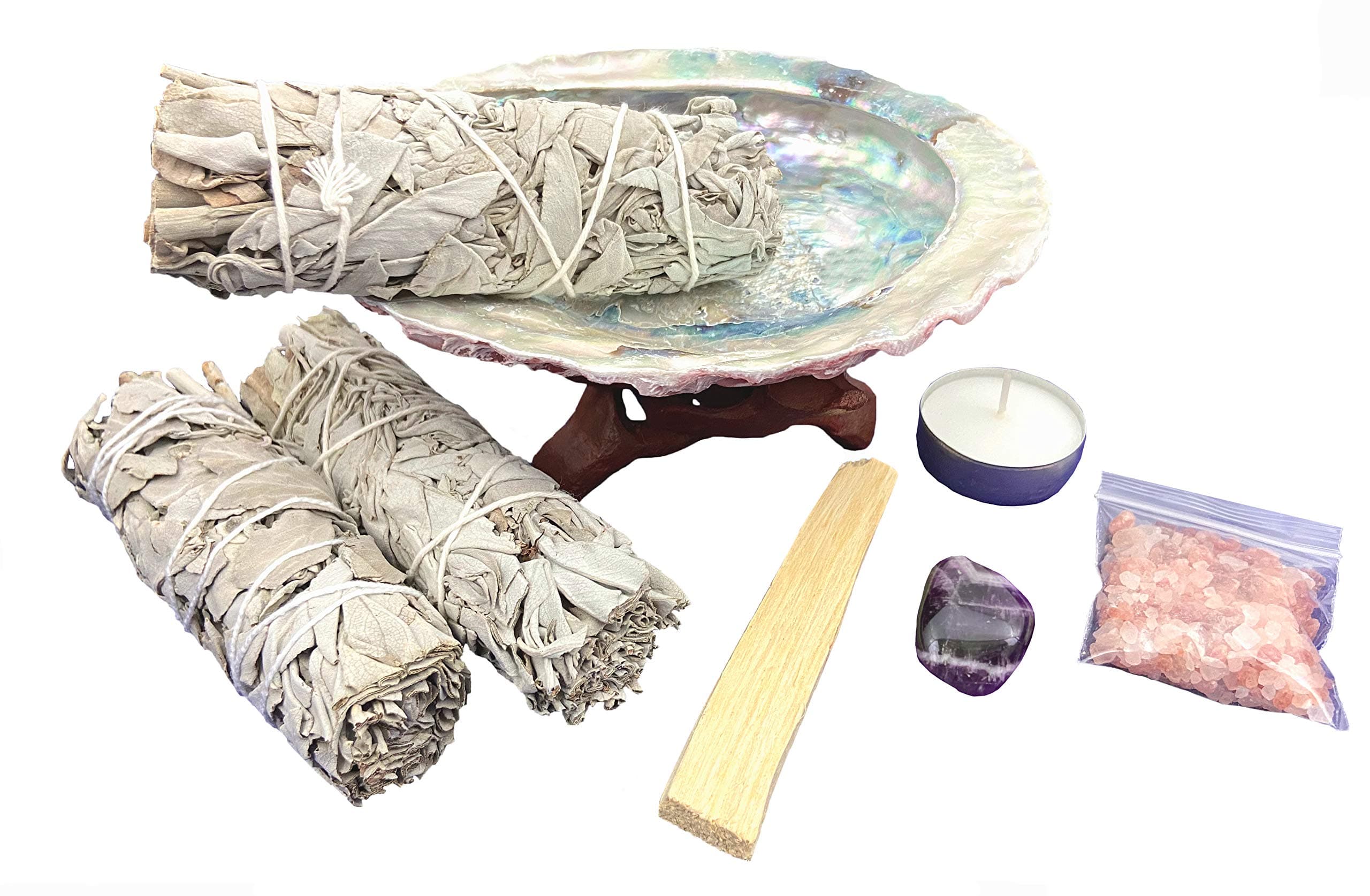 Large Smudge Kit, 2 White California Sage Sticks, Abalone Shell, Wood Stand, Palo Santo, Amethyst, Rose Quartz, Candle, Salt - 10 Items
