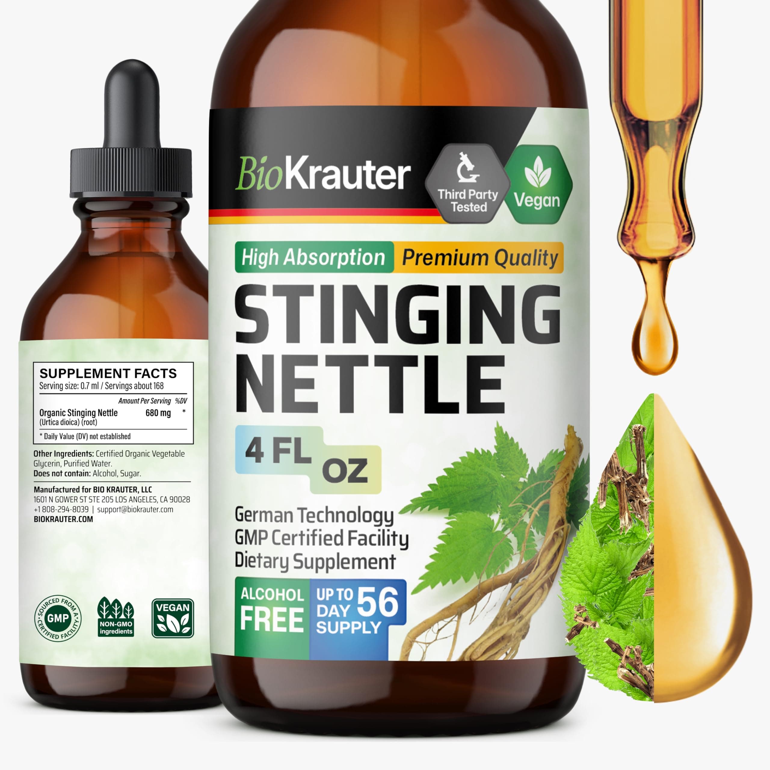 BIO KRAUTER® Stinging Nettle for Seasonal Support - Stinging Nettle Root Tincture (Urtica Dioica) 680 mg for Urinary Tract Support & Daily Wellness - 4 Fl.Oz., 56 Days of Supply, Sugar & Alcohol Free