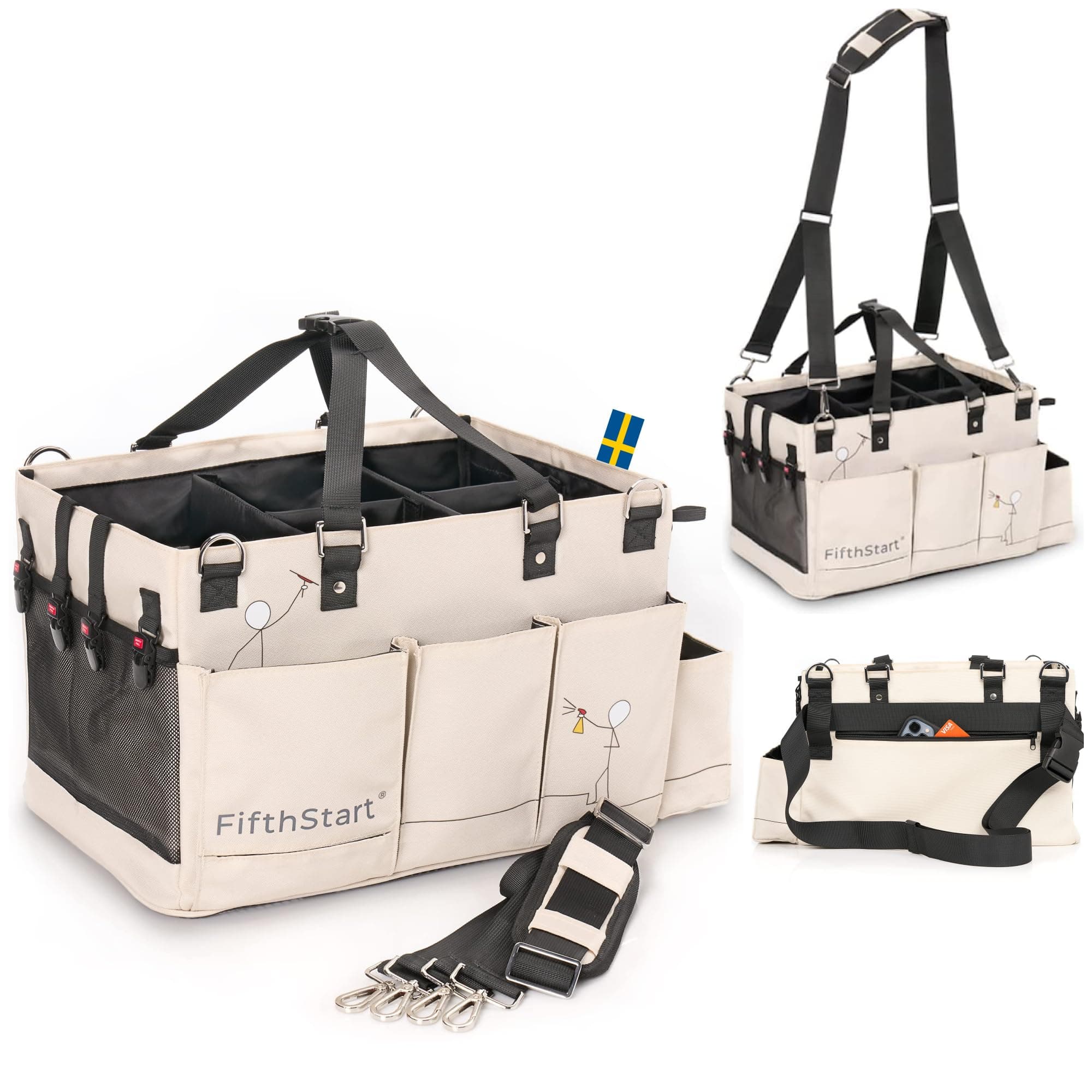 FifthStart Multiuse Cleaning Caddy with Waist & Shoulder Strap,9 Pockets Professional Bag, Mesh Base & Adjustable Compartments - Beige Large Organizer with Handle - Cleaning Caddy Bag (Beige, Large)