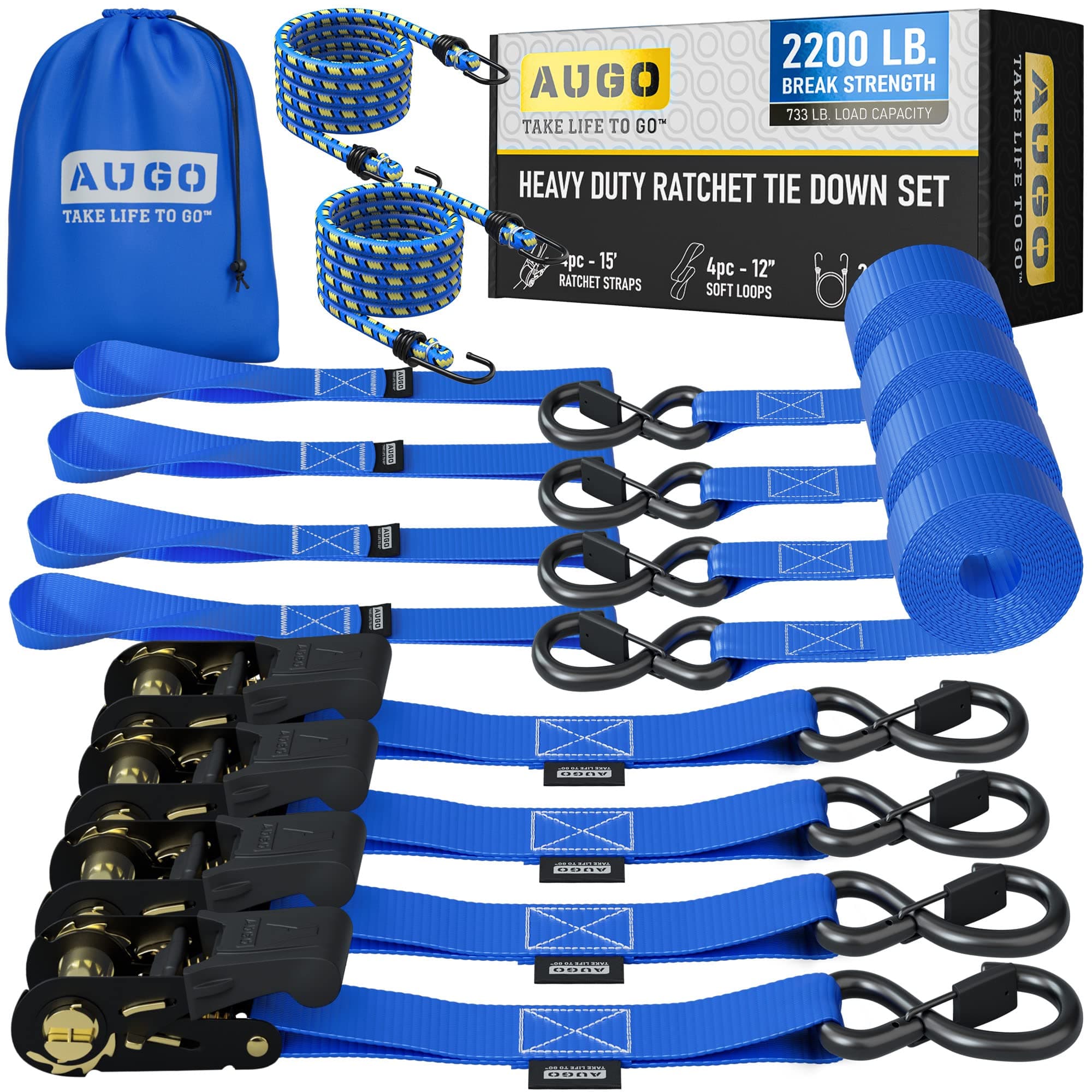 AUGO Ratchet Straps Heavy Duty 4 Pack -15 FT - 2200 LB Break Strength – with Safety Lock S Hooks - Cargo Straps for Moving, Appliances, Motorcycle – Soft Loop Tie Down Straps