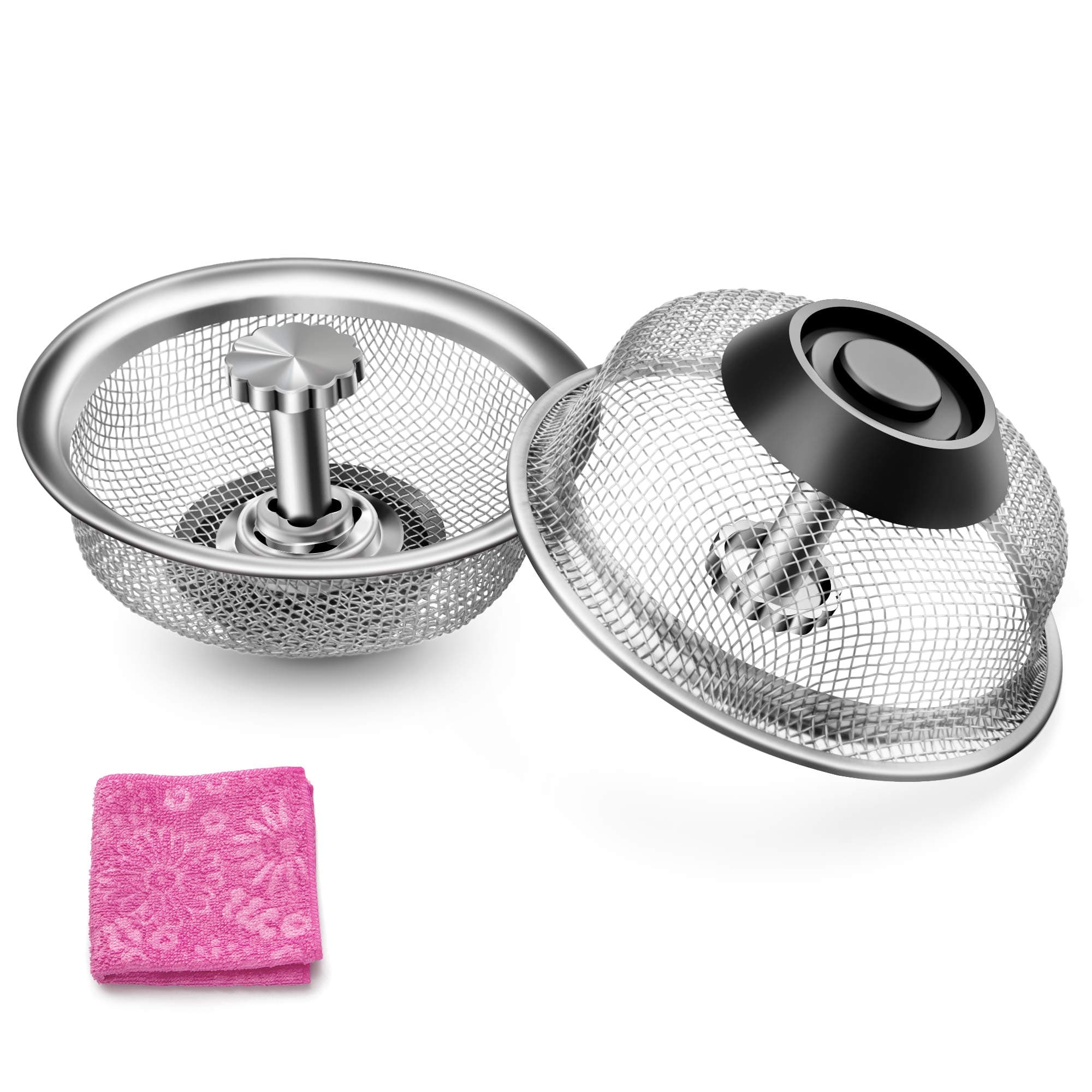 2-Pack Kitchen Sink Drain Strainer Stainless Steel Drain Filter Strainer with Large Wide Rim 3.5" for Kitchen Sinks + Free Dish Towel
