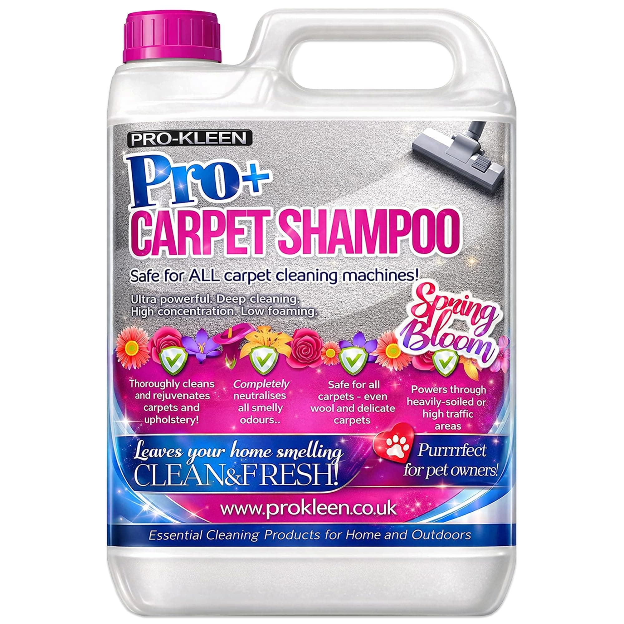 Pro+ Carpet Shampoo and Upholstery Cleaning Solution – 4 in 1 Concentrate – Pet Carpet Cleaner with Odour Removal Suitable for all Machines 5L (Spring Bloom)