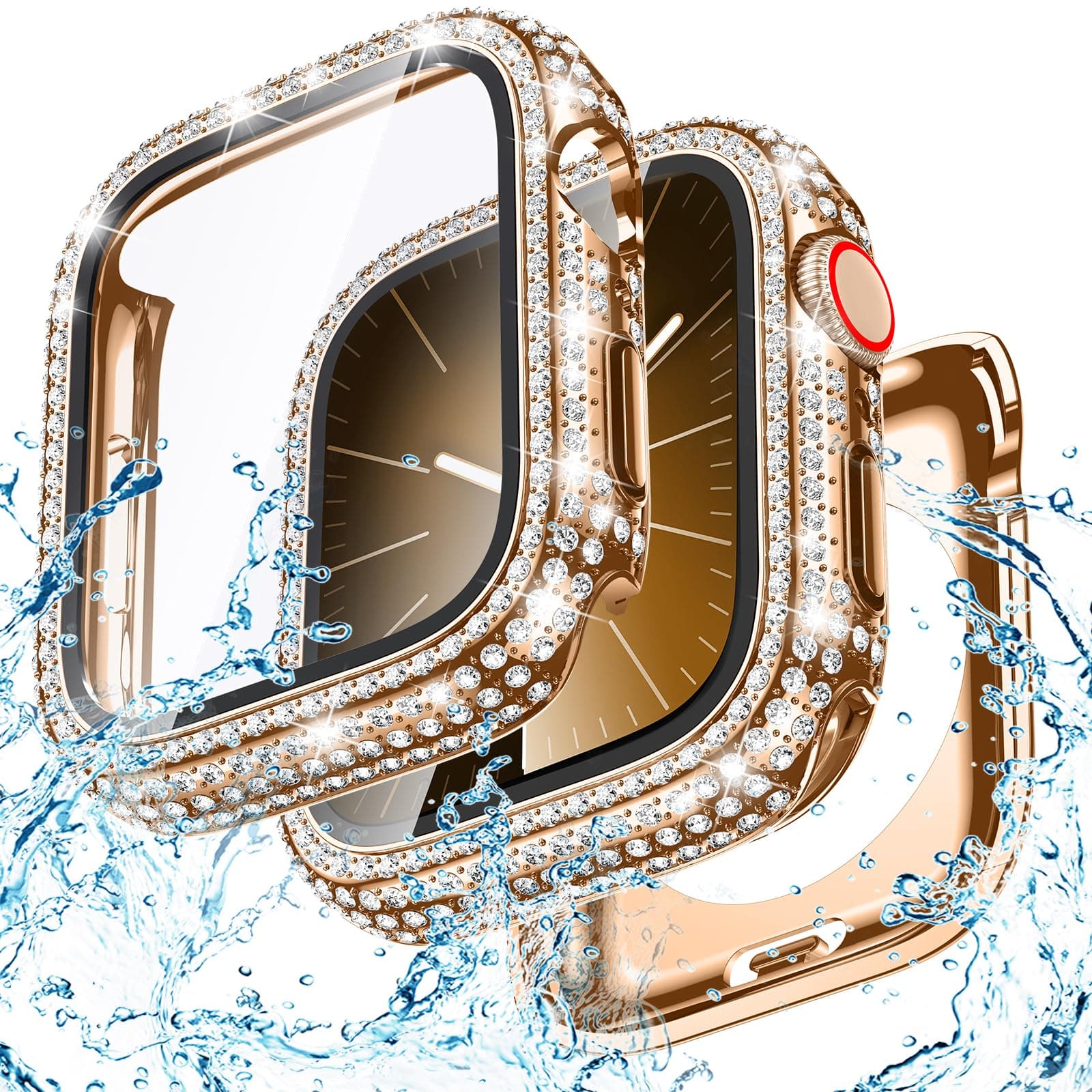 Goton 41mm Waterproof Bling Case for Apple Watch Screen Protector Series 9/8/7 41 mm, Sparkling PC Front Bumper & Hollow Back for iWatch Cover, Splash-Resistant, Easy Install