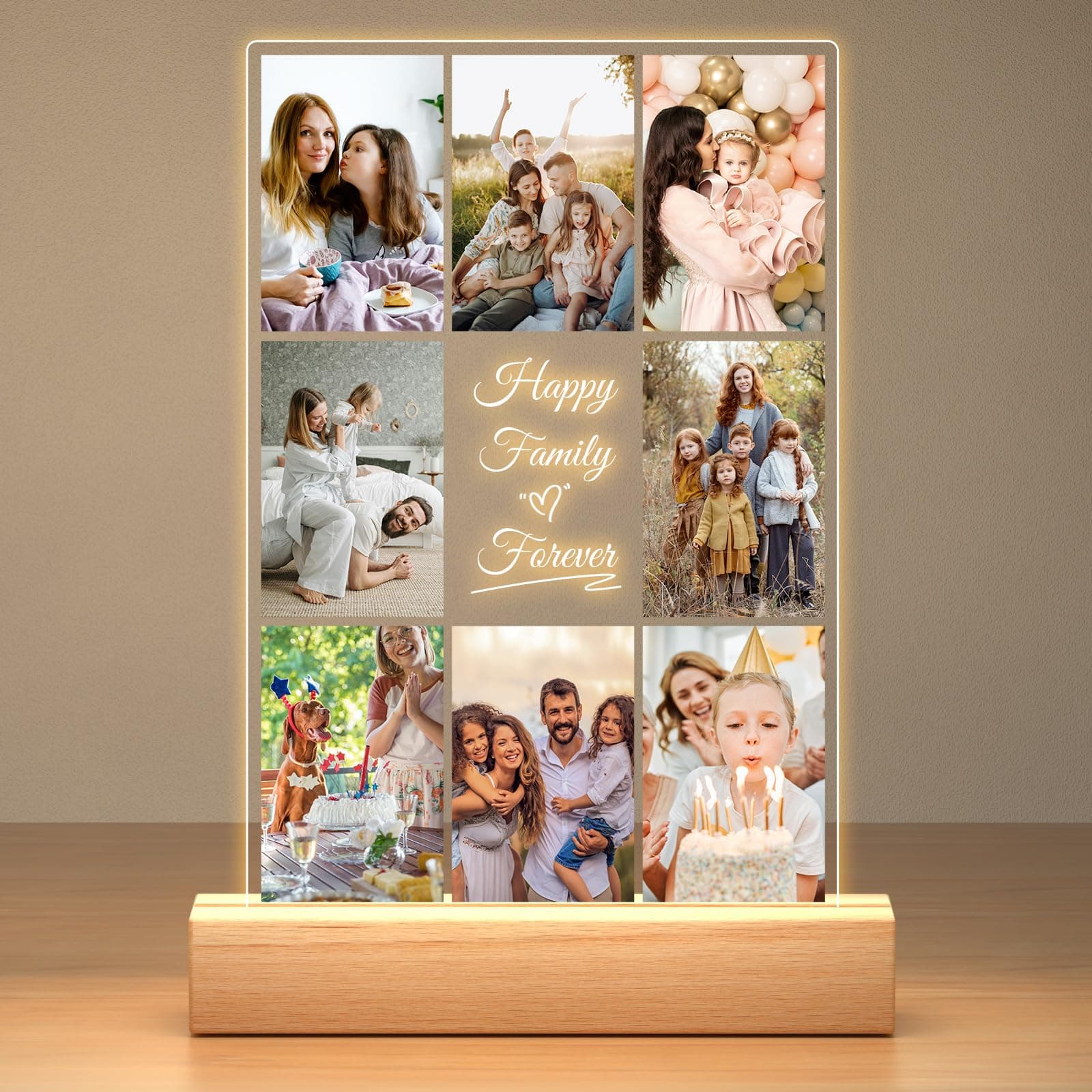 Personalized Collage Picture Frames with Photos, Custom Photo Frame with Night Light, Customized Picture Frame, Personalized Birthday Gifts for Women Men Mom Dad Kids Baby Family Friends