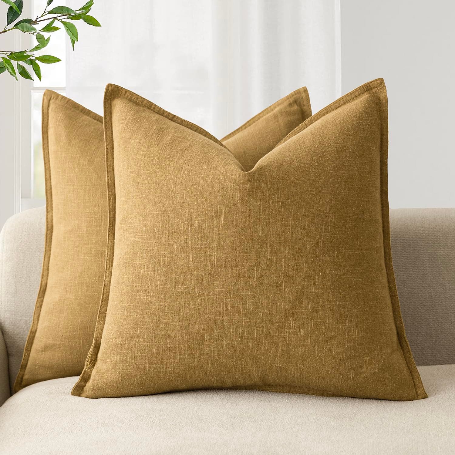 Foindtower Pack of 2, Decorative Linen Soild Throw Pillow Covers Soft Accent Cushion Case Boho Farmhouse Pillowcase for Couch Sofa Bedroom Living Room Home Decor 22 x 22 Inch Honey Mustard