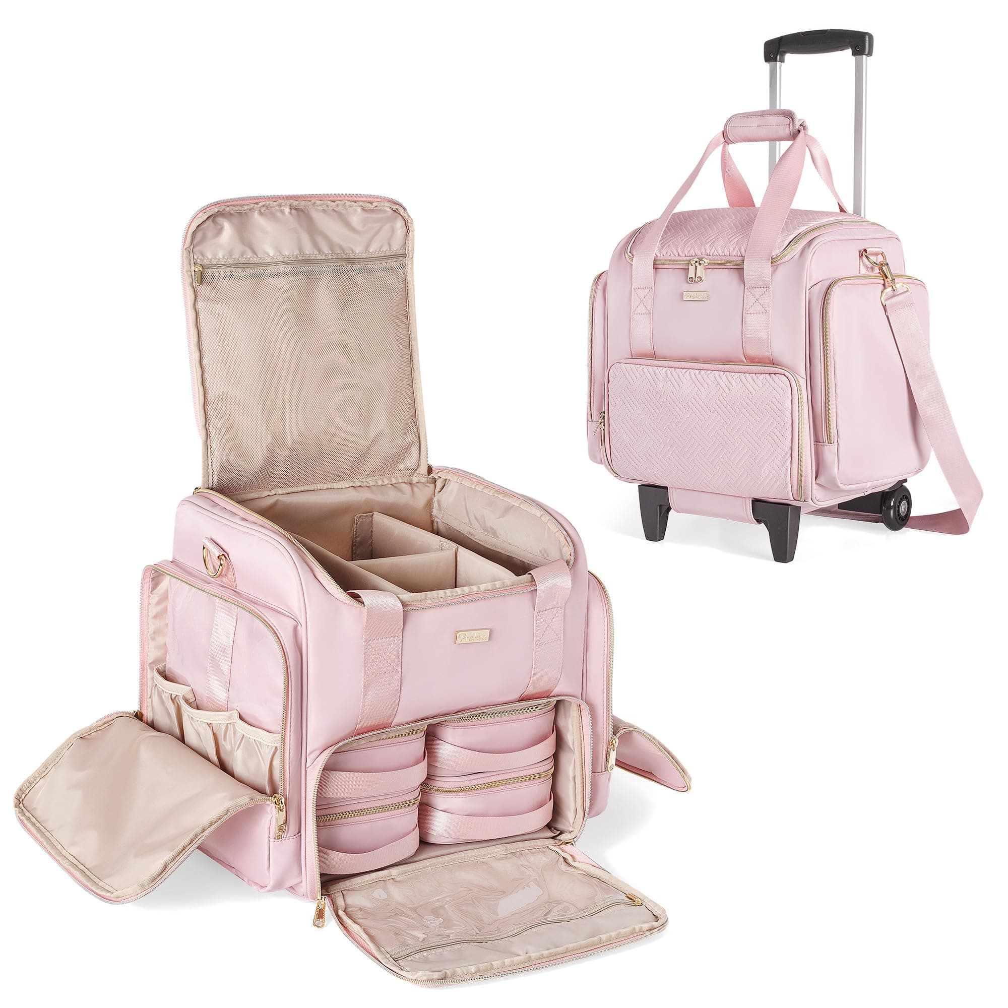 Rolling Makeup Case with 4 Removable Bags, Professional Makeup Train Case with Wheels, Makeup Artist Travel Bag with Brushes Storage Section, Pink (Patent Design)