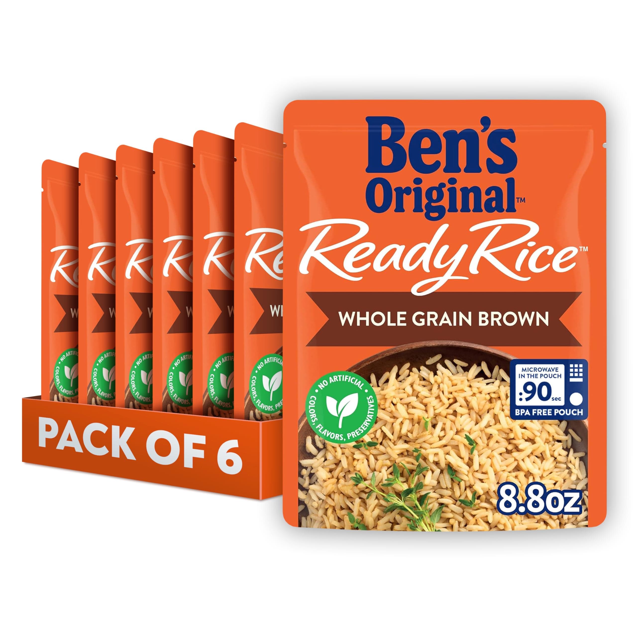 BEN'S ORIGINAL Ready Rice Whole Grain Brown Rice, Easy Dinner Side, 8.8 oz Pouch (Pack of 6)