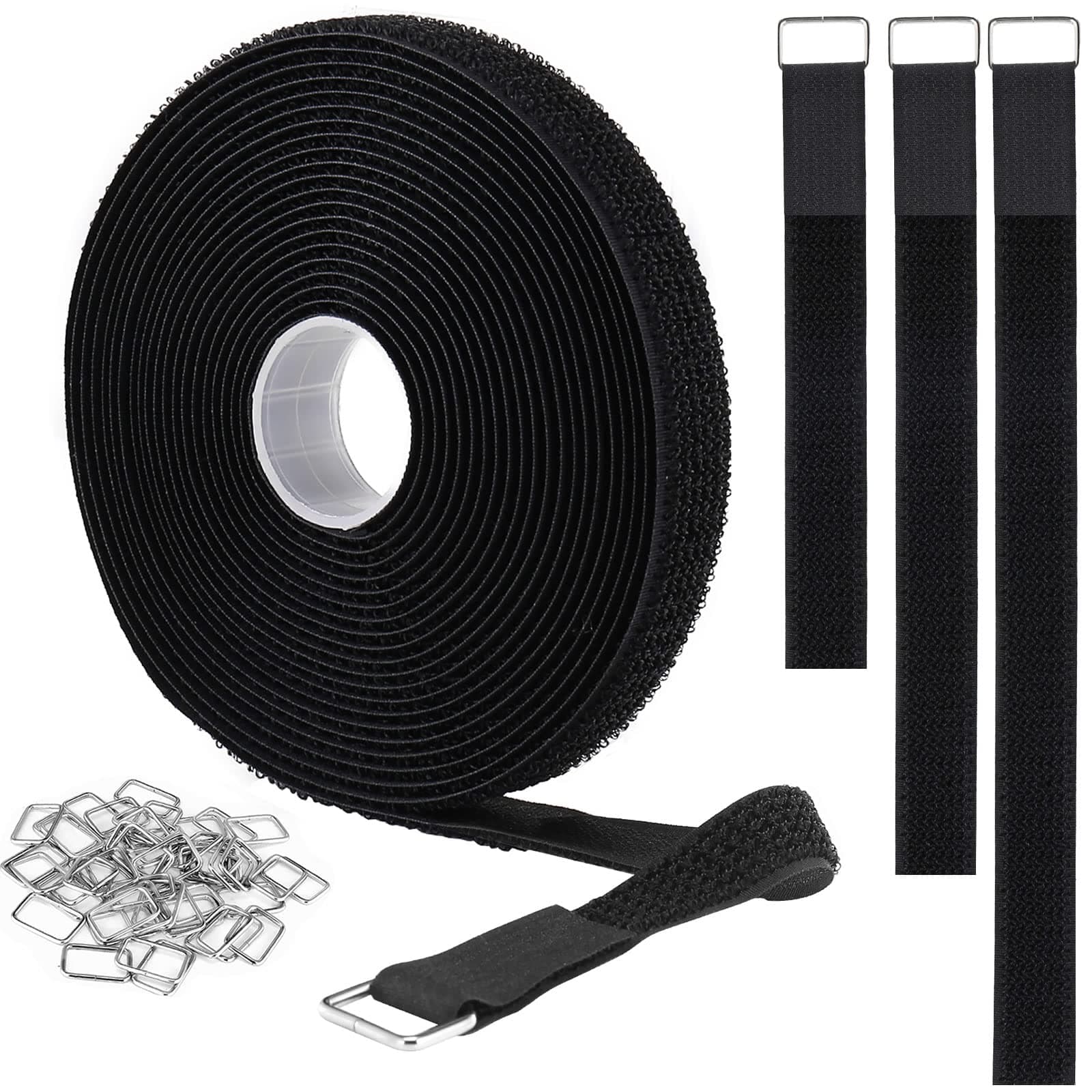 2cm x5m Hook and Loop Straps with 25 Metal Buckles,Cut-to-Length Reusable Cable Ties,Adjustable Fastening Cable Straps,Nylon Securing Cinch Strap,2cm Wide, Black