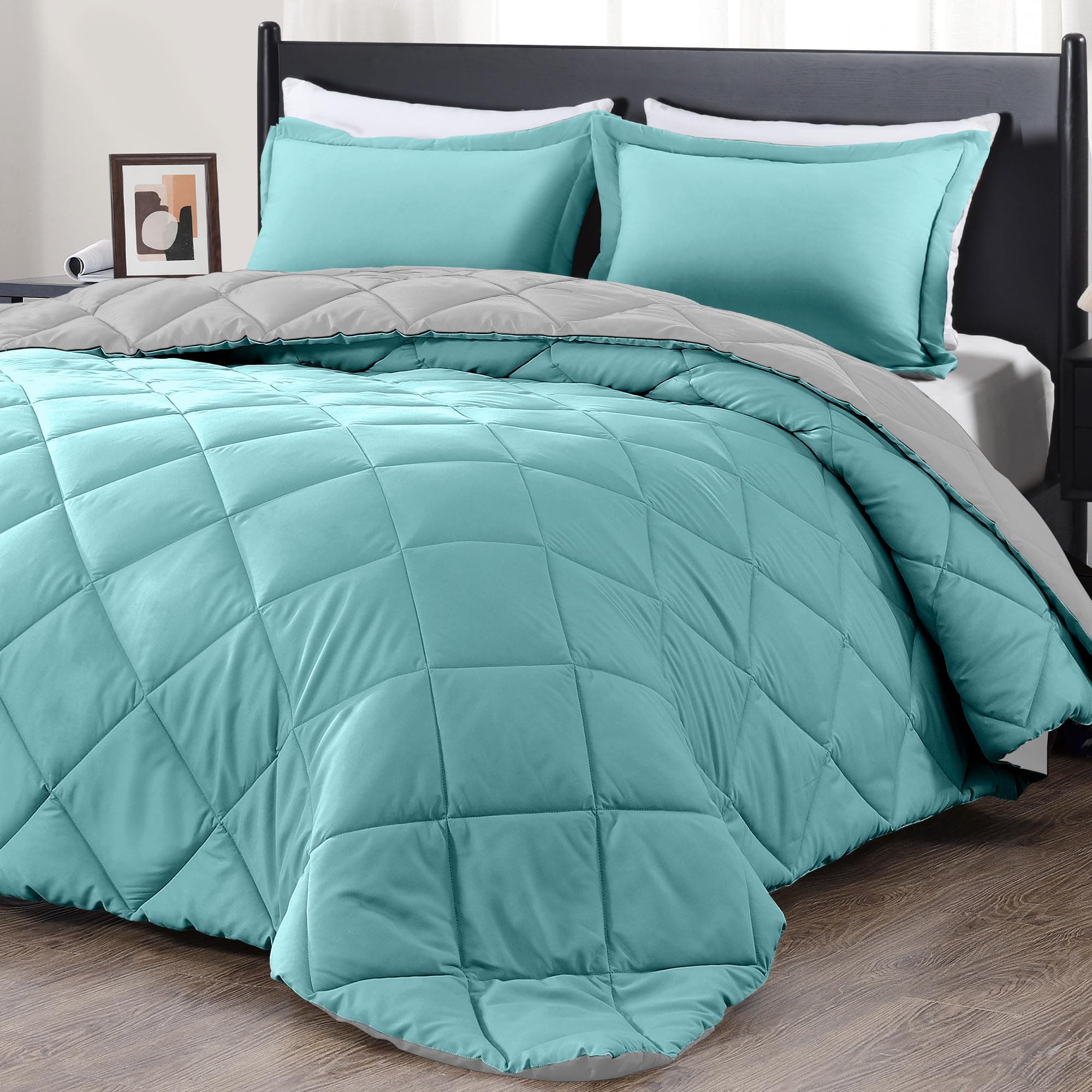 downluxe Twin Comforter Set - Turquoise and Grey Twin Comforter, Soft Bedding Sets for All Seasons -2 Pieces - 1 Comforter (66"x92") and 1 Pillow Sham(20"x26")