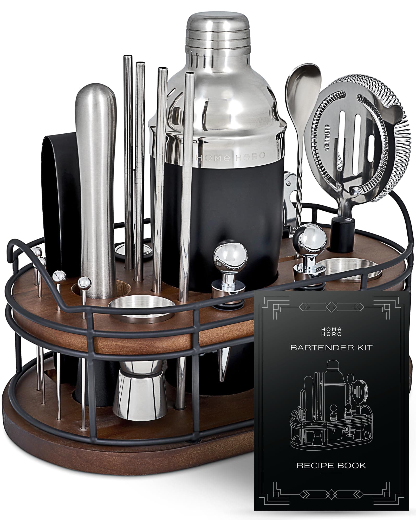 Home Hero Bartender Kit - 22-Piece Cocktail Shaker & Bar Tool Set - Wooden Stand Display & Bar Cart Accessories - Recipe Book & Housewarming Gifts - 22-Pc, Silver