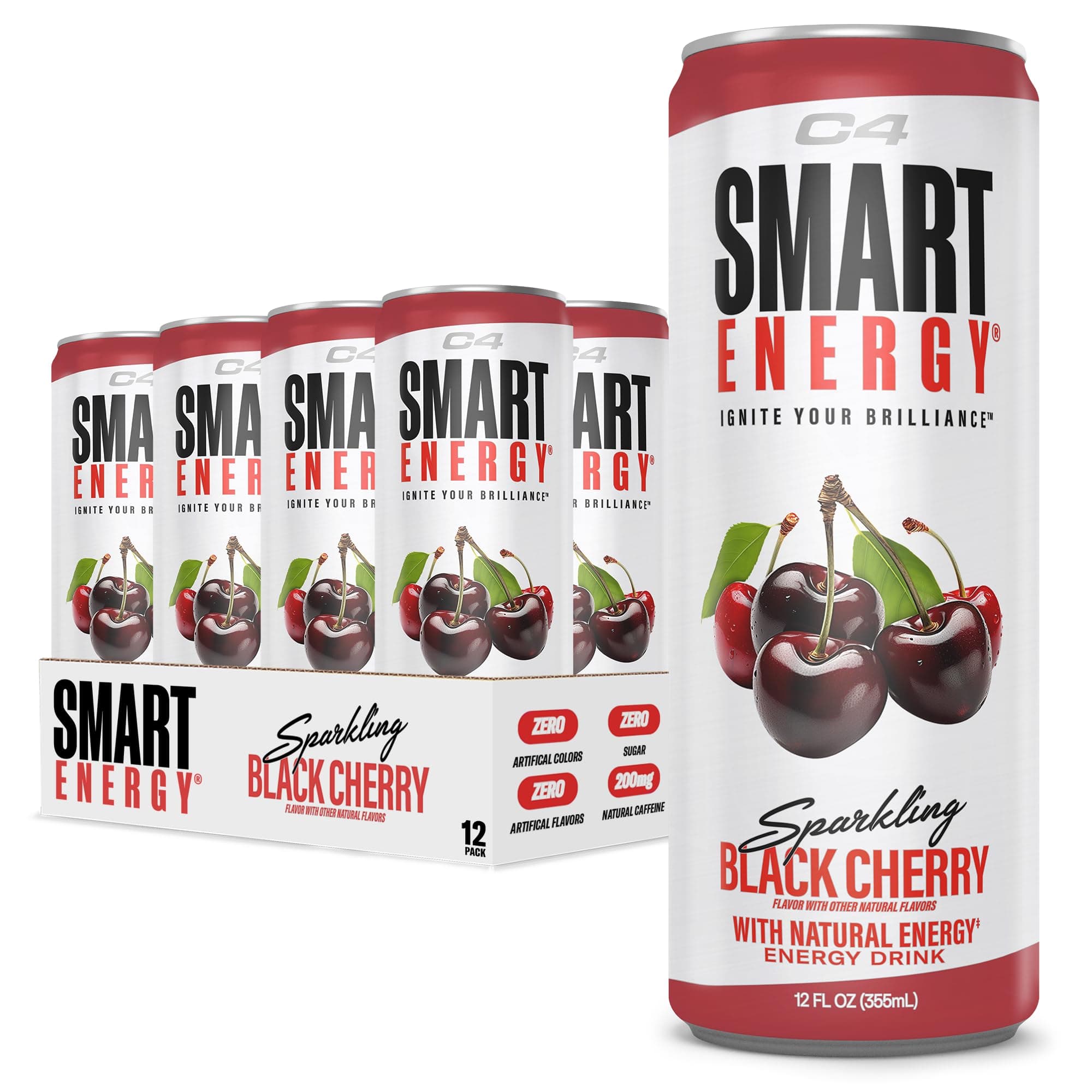 Cellucor C4 Smart Energy Drink – Boost Focus and Energy with Zero Sugar, Natural Energy, and Nootropics - 200mg Caffeine - Black Cherry - 12 FL OZ (355 ml) - Pack of 12