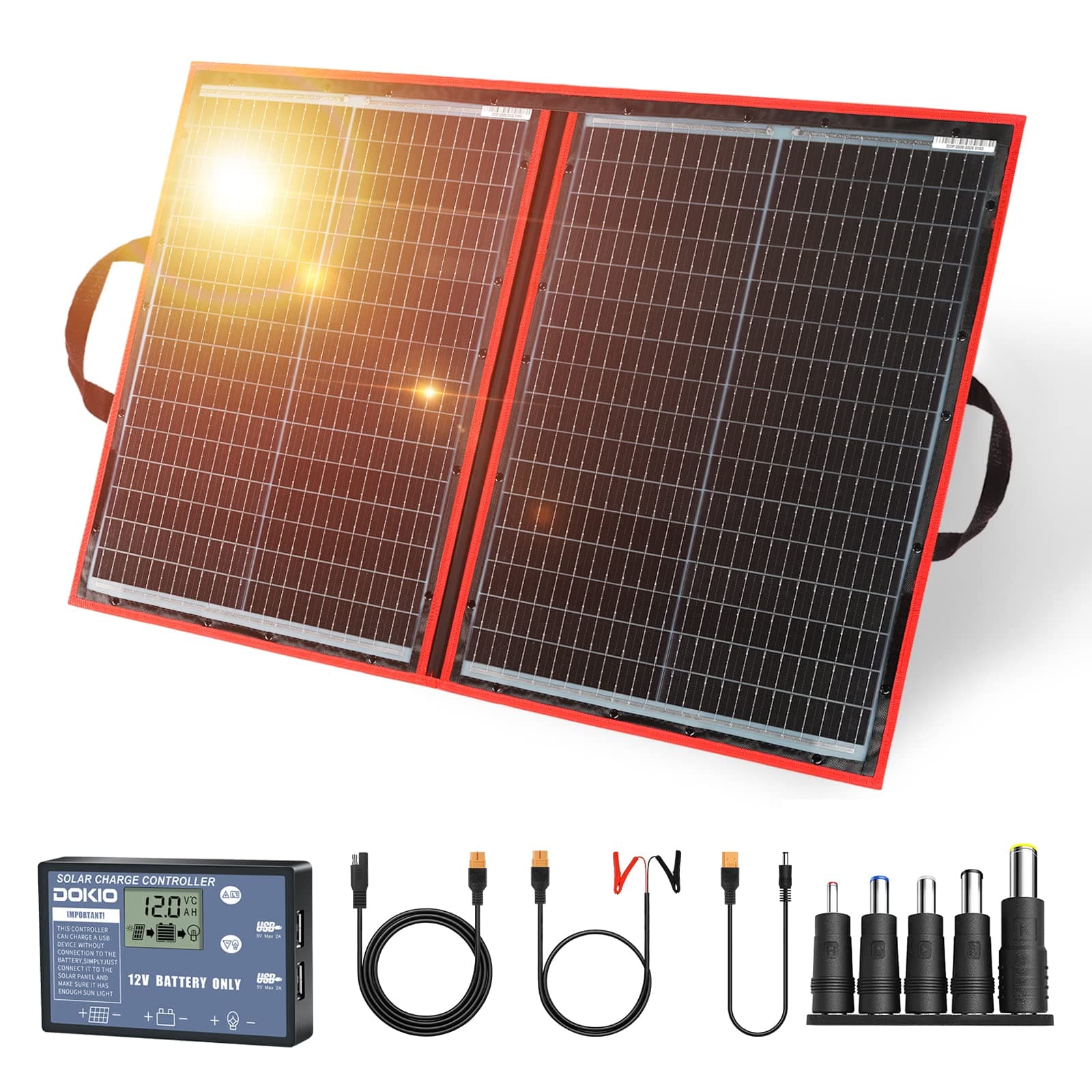 110W 18V Portable Foldable Solar Panel Kit (48 * 66cm, 2.4kg) Monocrystalline(HIGH Efficiency) with Controller 2 USB Output to Charge 12V Batteries (All Types: Vented AGM Gel) RV Camper Boat
