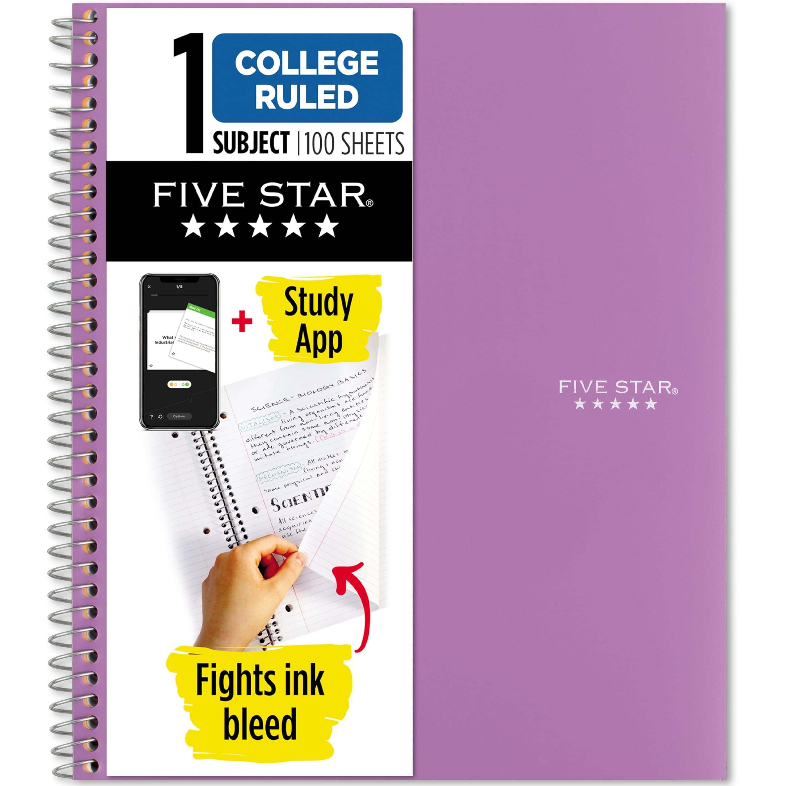 Spiral Notebook + Study App, 1 Subject, College Ruled Paper, 8-1/2" x 11", 100 Sheets, Fights Ink Bleed, Water Resistant Cover, Amethyst Purple (38744)