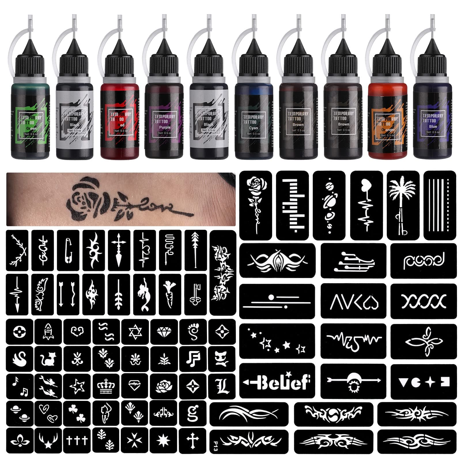 STIGMA Temporary Tattoo Kit 10 Bottles Color Inks, 84 Pcs Stencils Kit for Body Paint DIY Tattoos Temp, DIY Fake Tattoo for Women Kids (Black*2, Cyan, Red, Green, Blue, Purple, Brown*2, Orange)