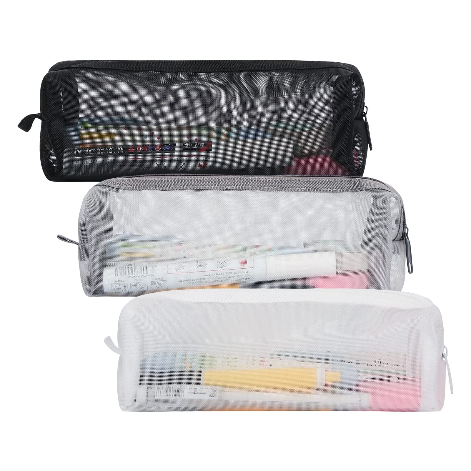 Mesh Pen Bag, 3 Pack Zipper Mesh Pouch, Multifunctional Clear Pencil Case Organizer Stationery Storage Bag for Office Supplies Cosmetics Makeup Travel Accessories