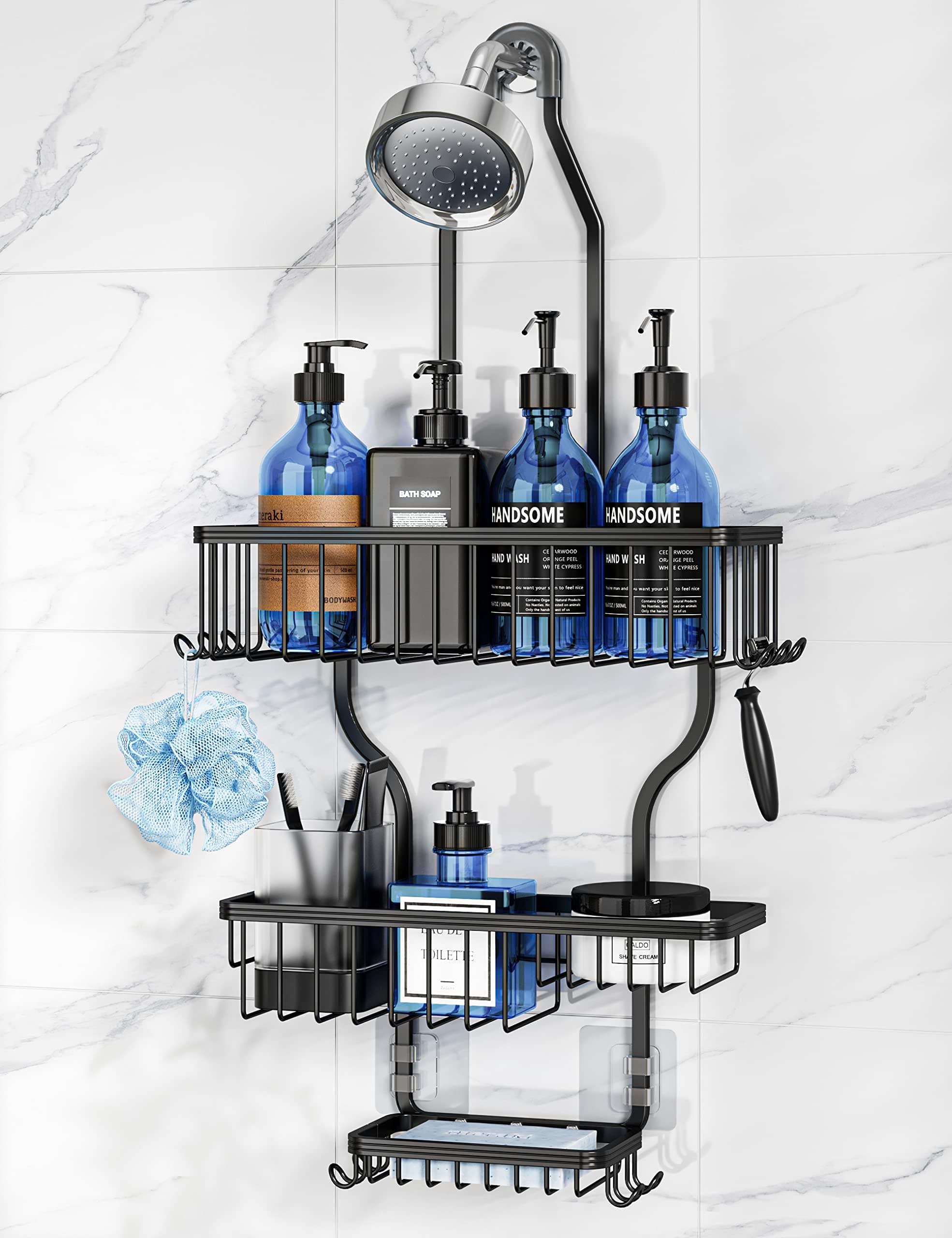 YASONIC Shower Caddy Over Shower Head Never Rust Aluminum Large Hanging Shower Caddy with 10 Hooks for Razor/Sponge - Over The Shower Head Caddy with Soap Basket - Hanging Shower Organizer Black