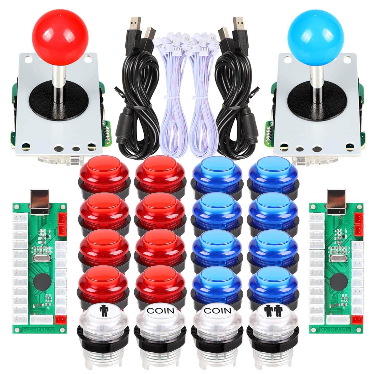 Avisiri 2 Player LED Arcade Buttons and joysticks DIY kit 8 Way Joysticks + 20x 5v LED Arcade Buttons Game Controller kits for MAME Raspberry Pi