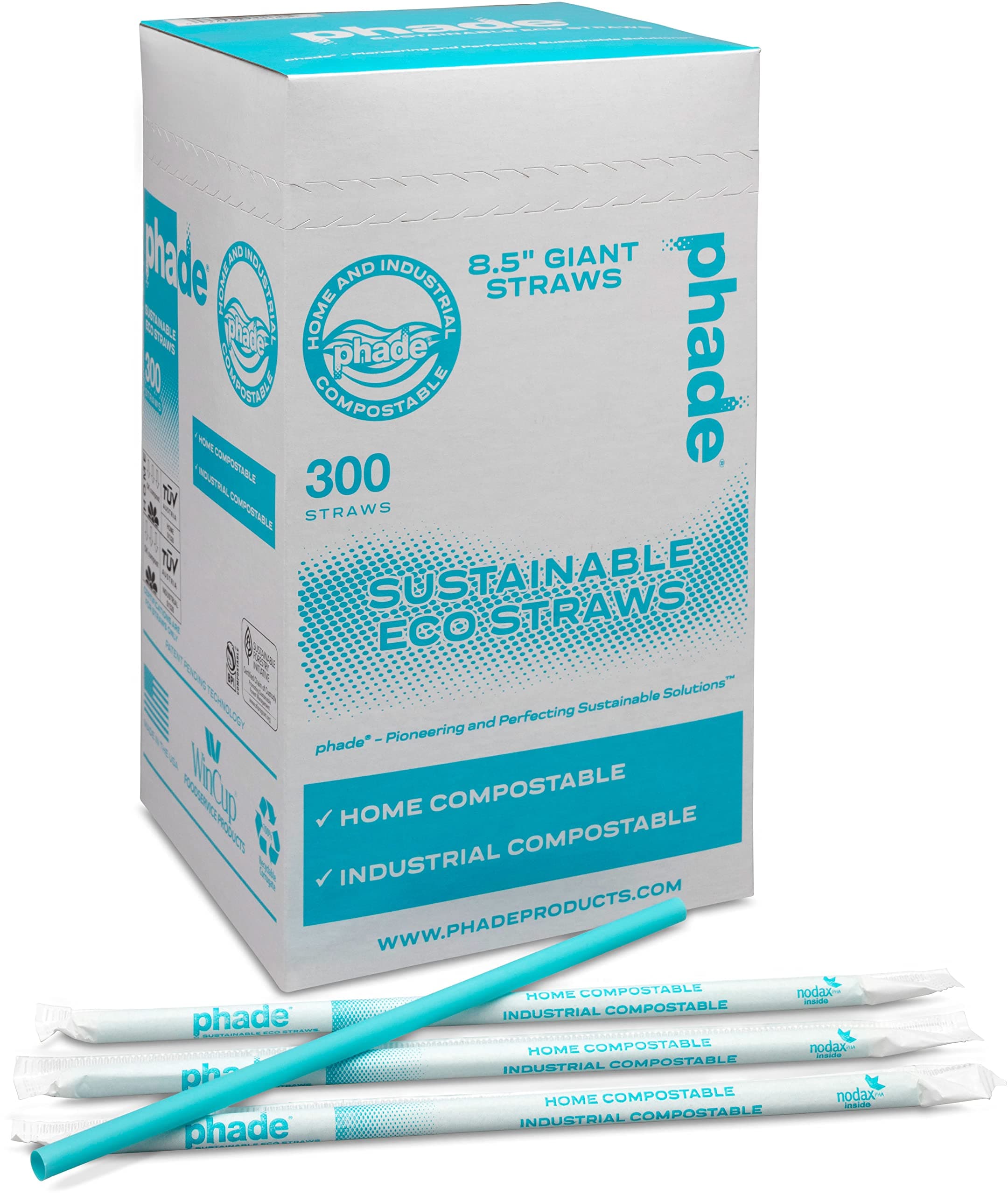 phade Eco-Friendly 8.5" Giant Drinking Straws 1,200 Count - Sustainable Marine Biodegradable Compostable, Individually Wrapped, 4 Pack