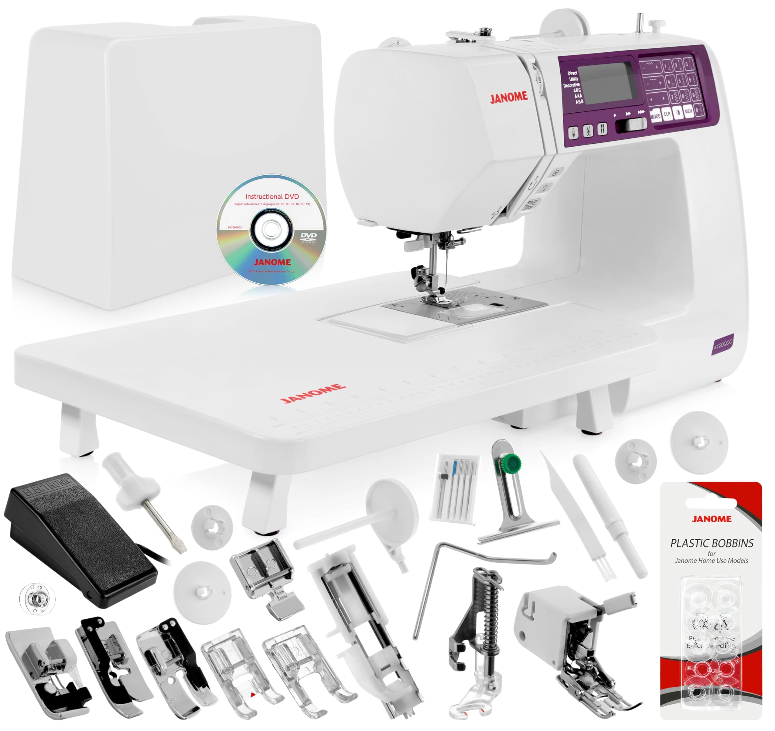 Janome 4120QDC-G Computerized Quilting and Sewing Machine Bundle - Includes Bonus Quilt Kit (Even Feed Foot, Open Toe Darning Foot, 1/4" Seam Foot and More) + 10-Pack Genuine Janome Bobbins