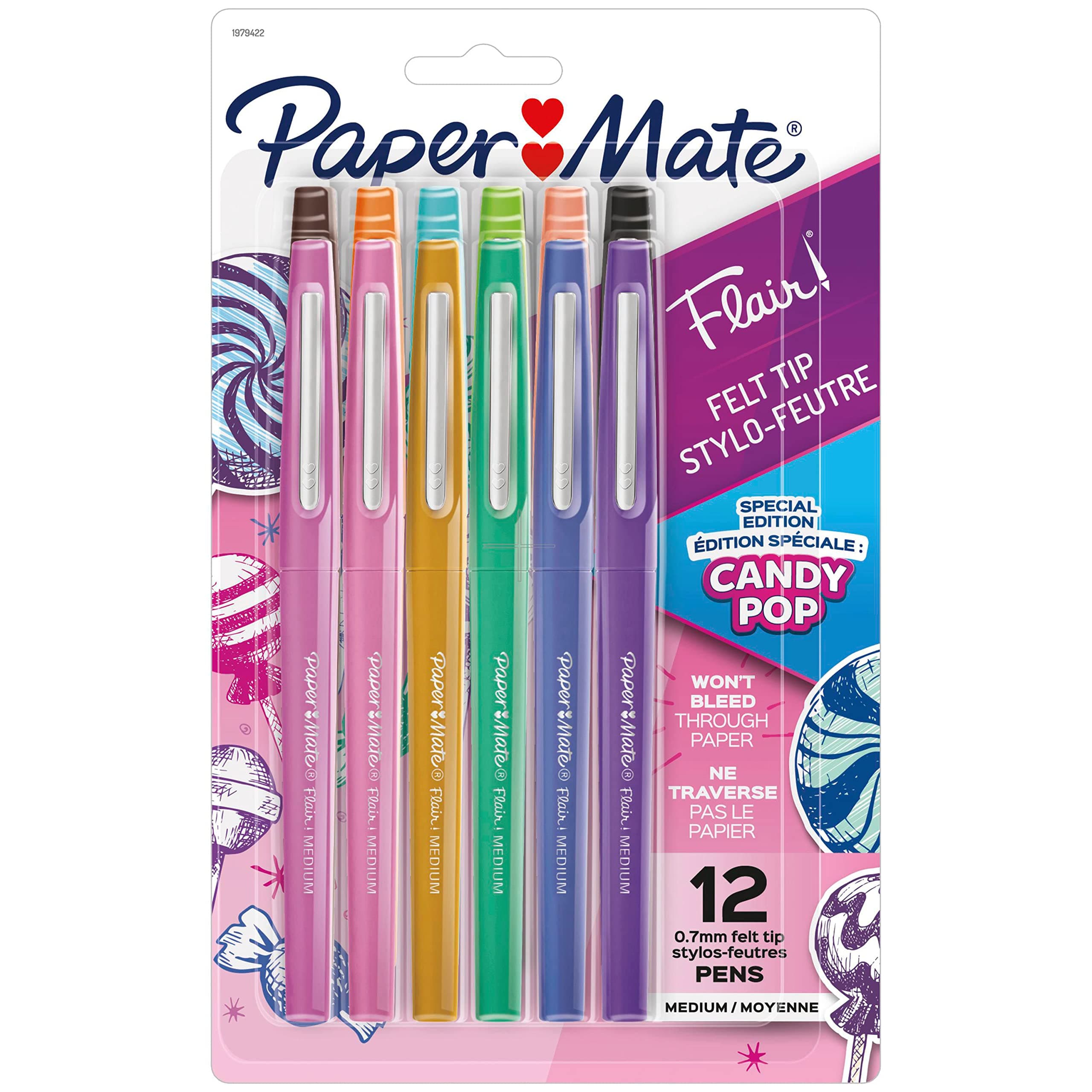 Flair Felt Tip Pens, Medium Point (0.7mm), Limited Edition Candy Pop Pack, Assorted Colors, 12 Count