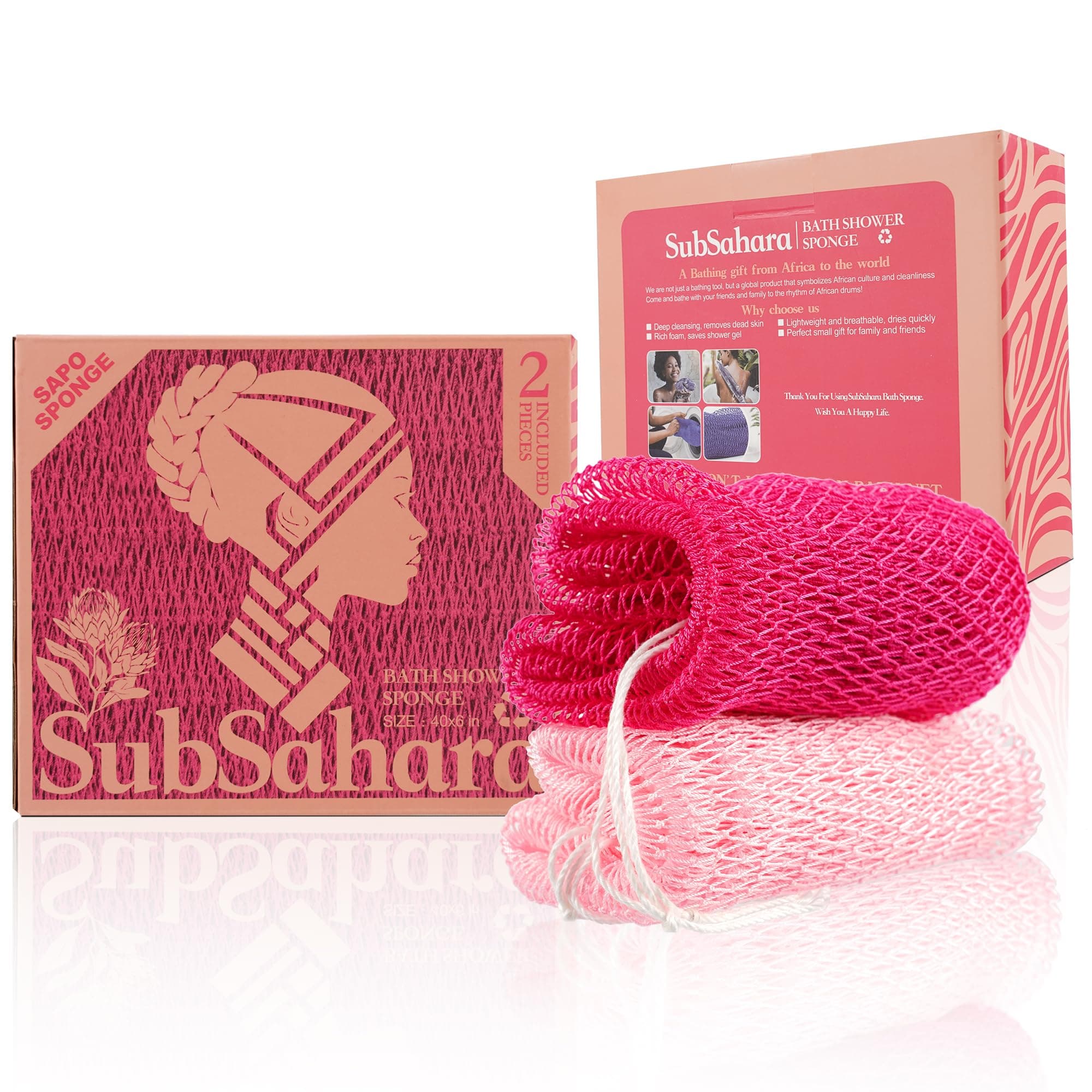 Authentic African Net Sponge - 2 Pack Exfoliating Bath & Shower Loofah Sponge for Body & Face, Gentle Scrubber for All Skin Types, Travel, Durable (Dark Pink & Light Pink)