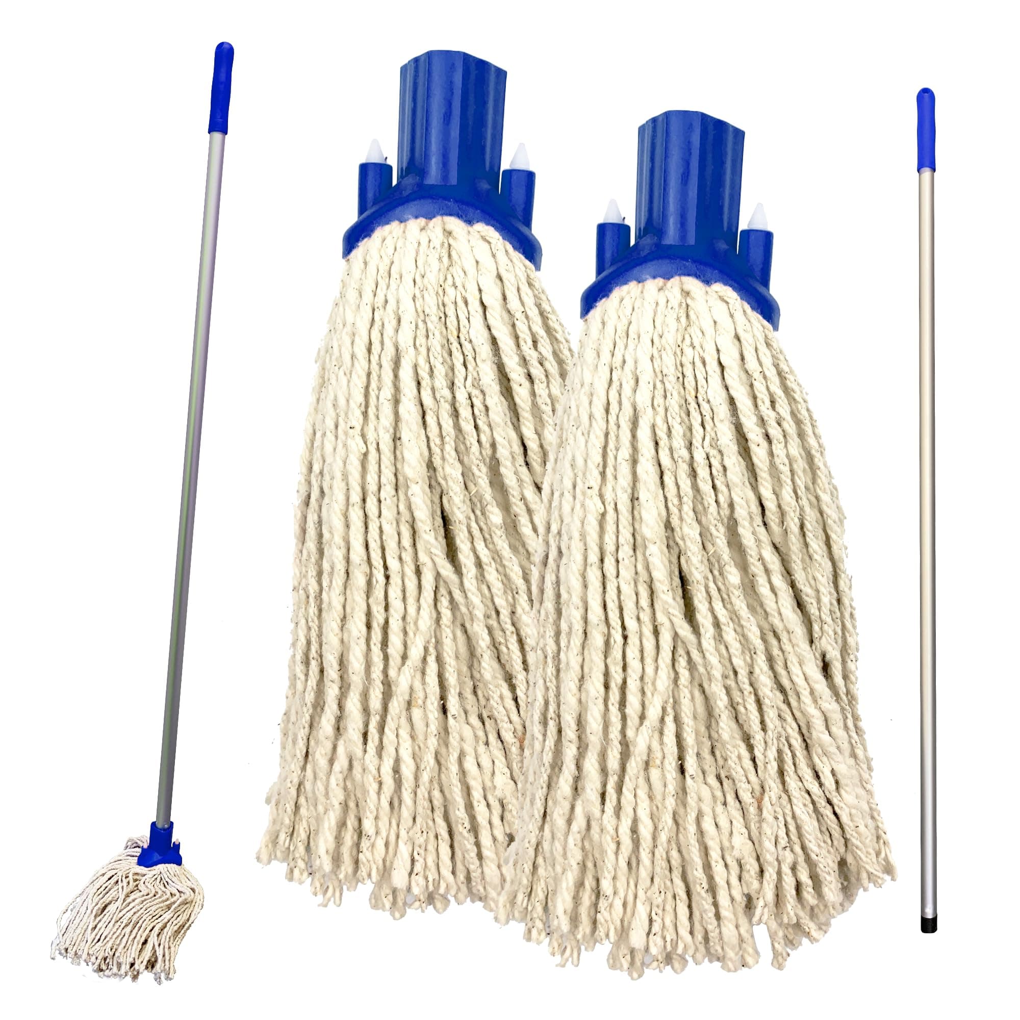Floor Mop Handle with 2 Mop Heads Set – 120cm Long Aluminium Handle and Pack of 2 String Heads Replacement Cleaning (Blue)