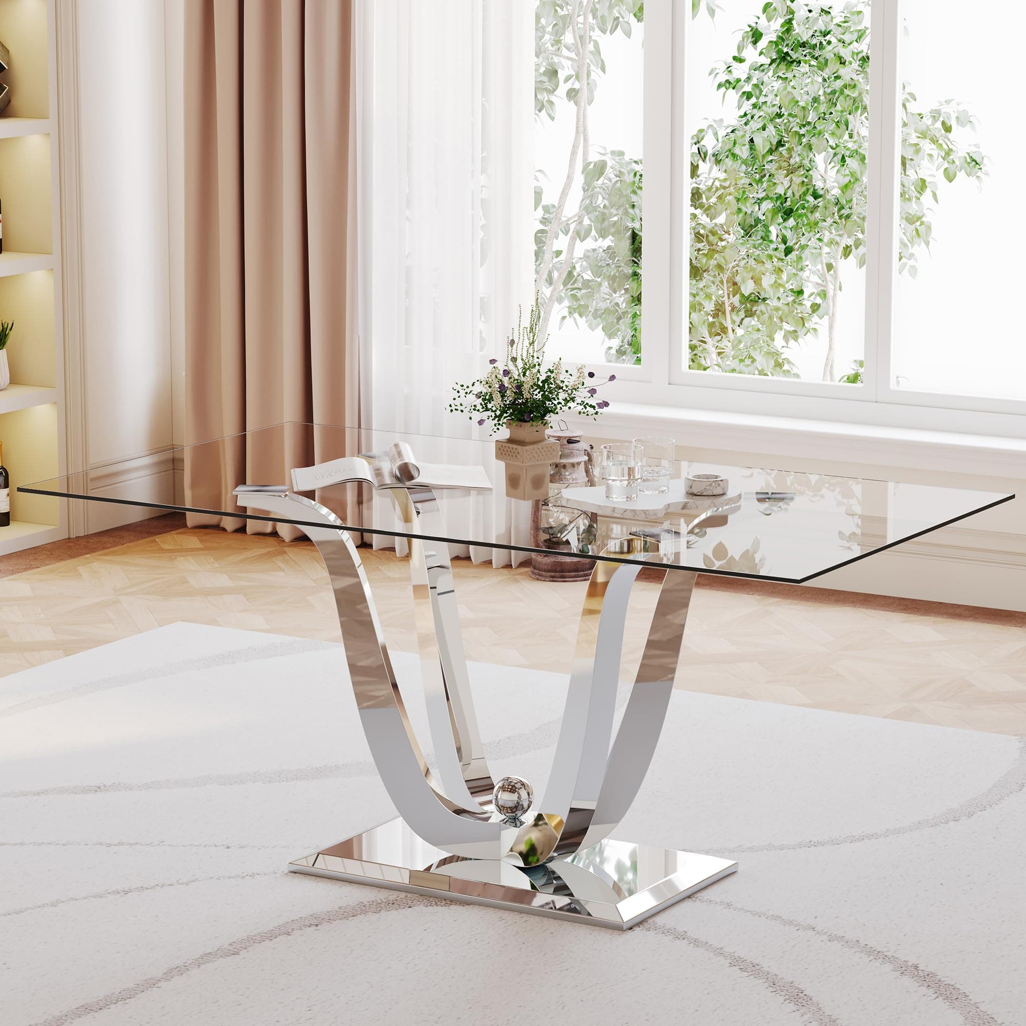 70.08' Rectangle Glass Dining Table with Tempered Glass Top and U-Shape Stainless Steel Legs - Modern Style for Home, Kitchen, Dining Room
